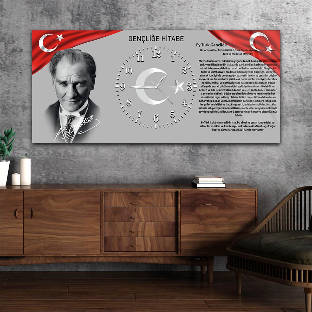 Yatay Ortadan Saatli  Vatan Temalı Cam Tablo 010