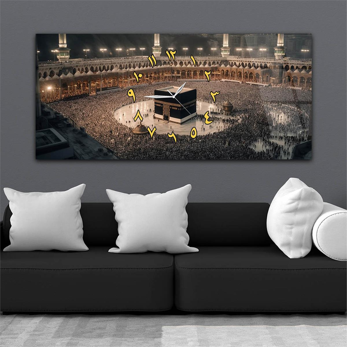 Yatay Ortadan Saatli  Dini Temalı Cam Tablo 089