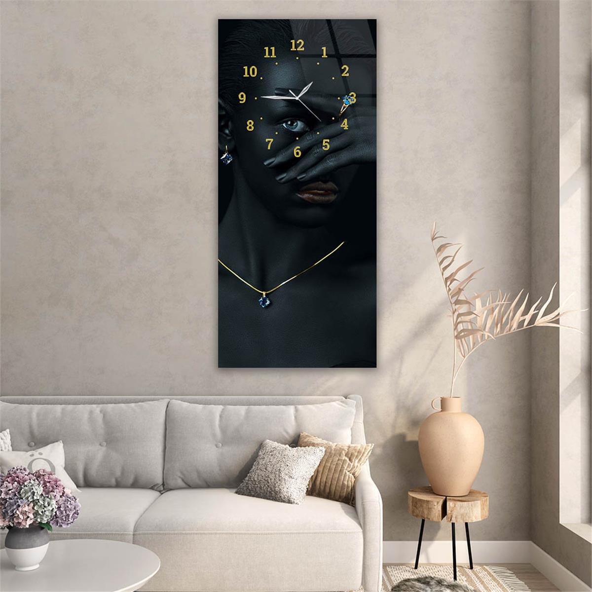Dikey Üstten Saatli Sanat Temalı Cam Tablo 076