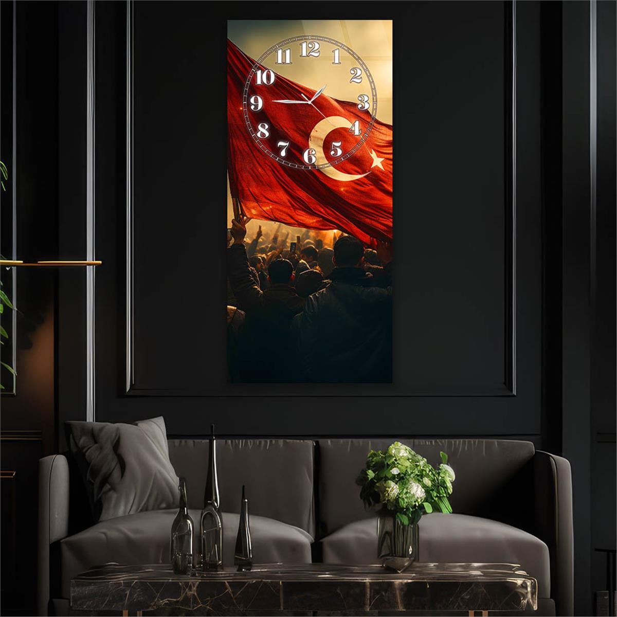 Dikey Üstten Saatli Vatan Temalı Cam Tablo 045