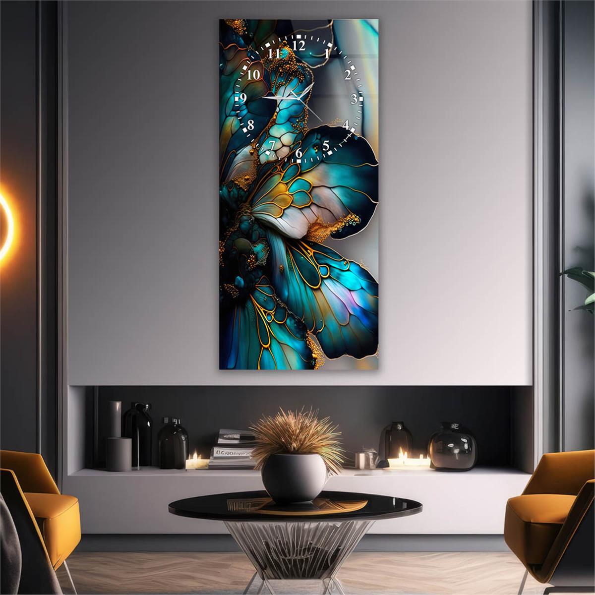 Dikey Üstten Saatli Sanat Temalı Cam Tablo 028