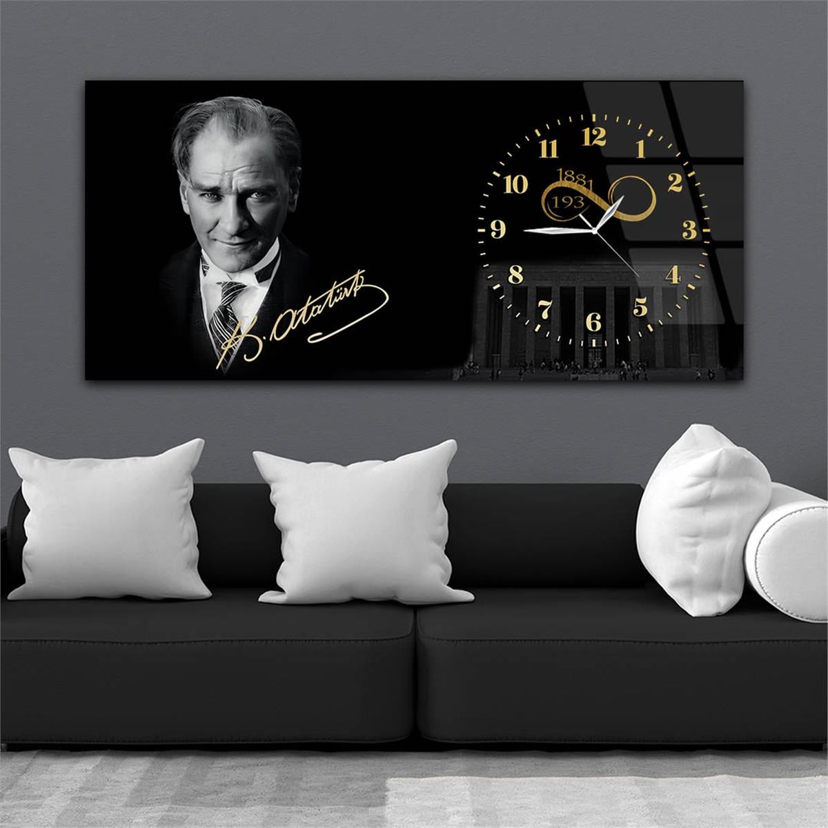 Yatay Saatli Yandan Vatan Temalı Cam Tablo 033