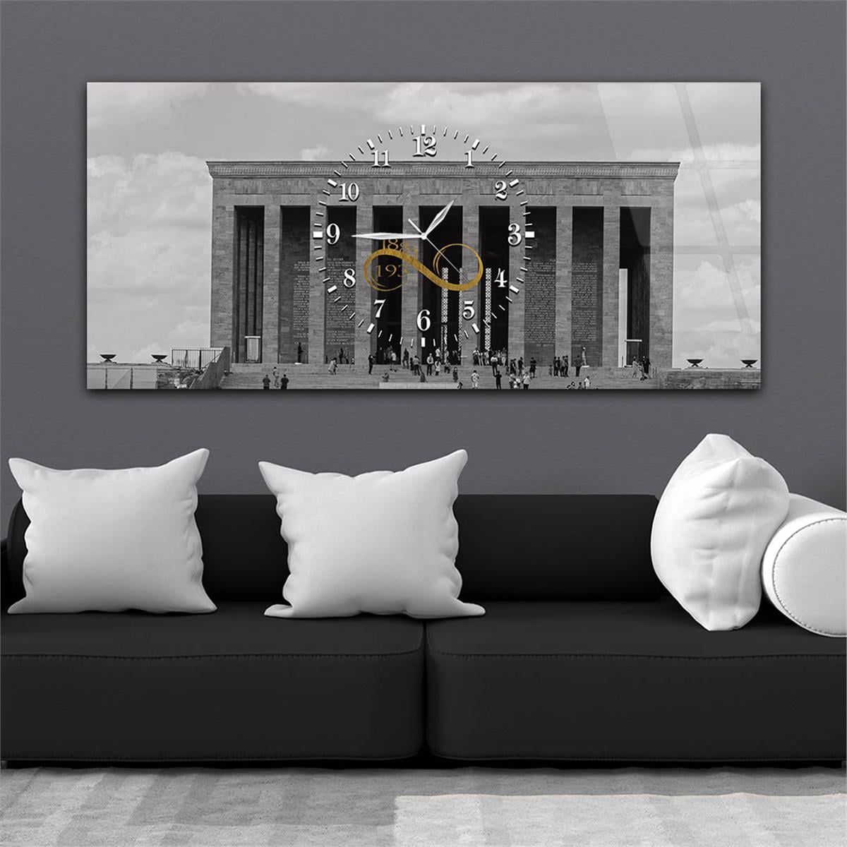 Anıtkabir ve Sonsuz 1881-1938 Yazılı Yatay Ortadan Saatli  Vatan Temalı Cam Tablo 059