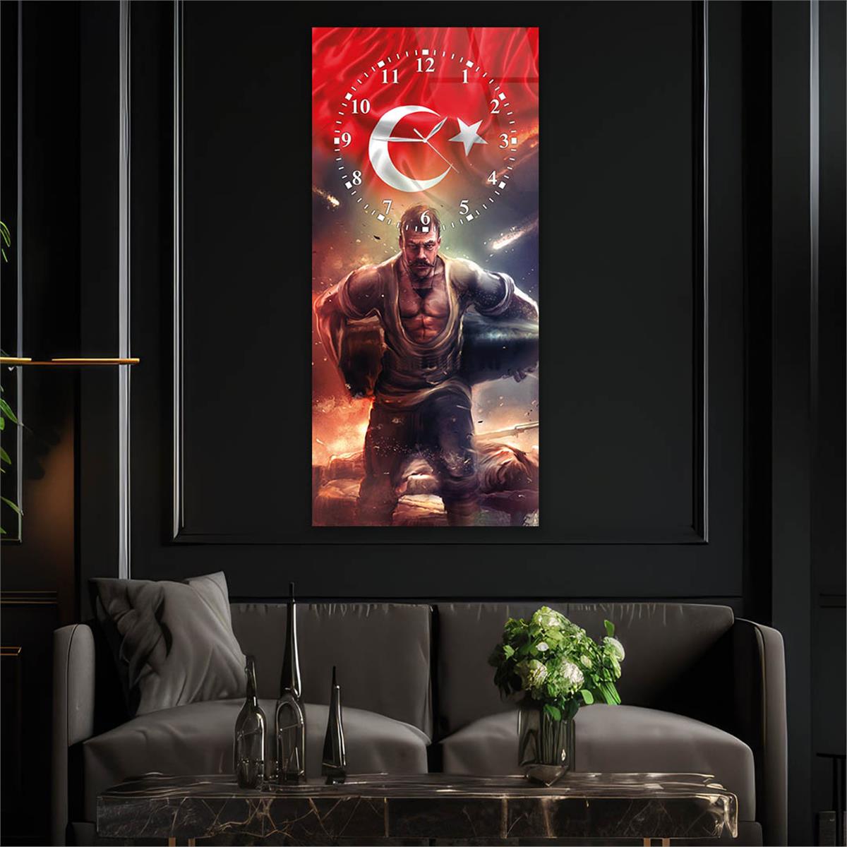 Vertical National Themed Glass Wall Art with Clock at the Top 001