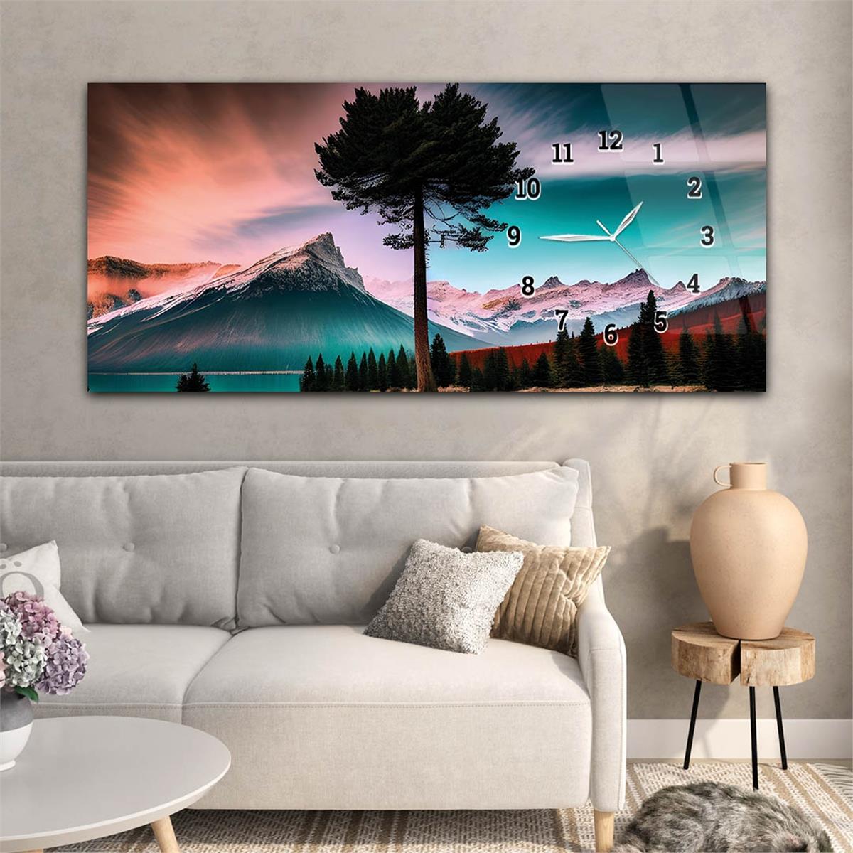 Yatay Saatli Yandan Sanat ve Doğa Temalı Cam Tablo 175