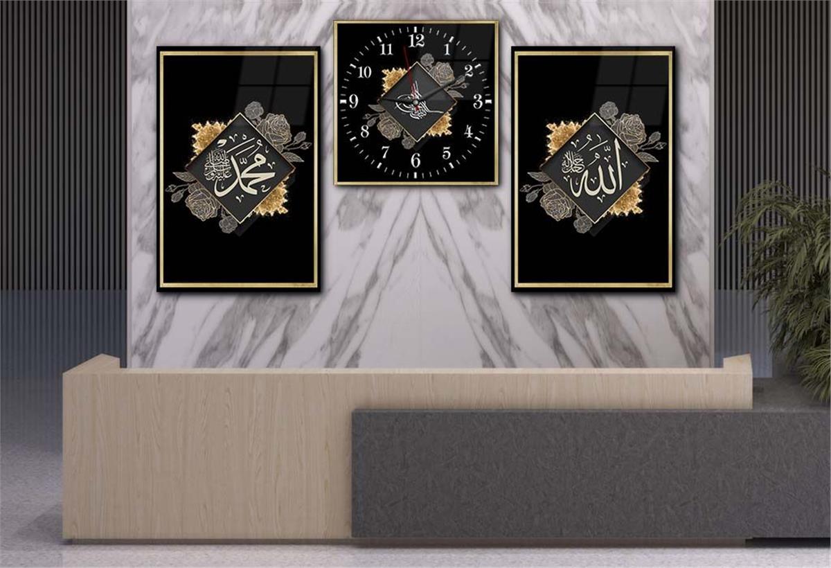ALLAH C.C. MUHAMMED S.A.V İSMİ VE OSMALI TUĞRA GÖRSELLİ CAM TABLO CAM DUVAR SAATİ 
