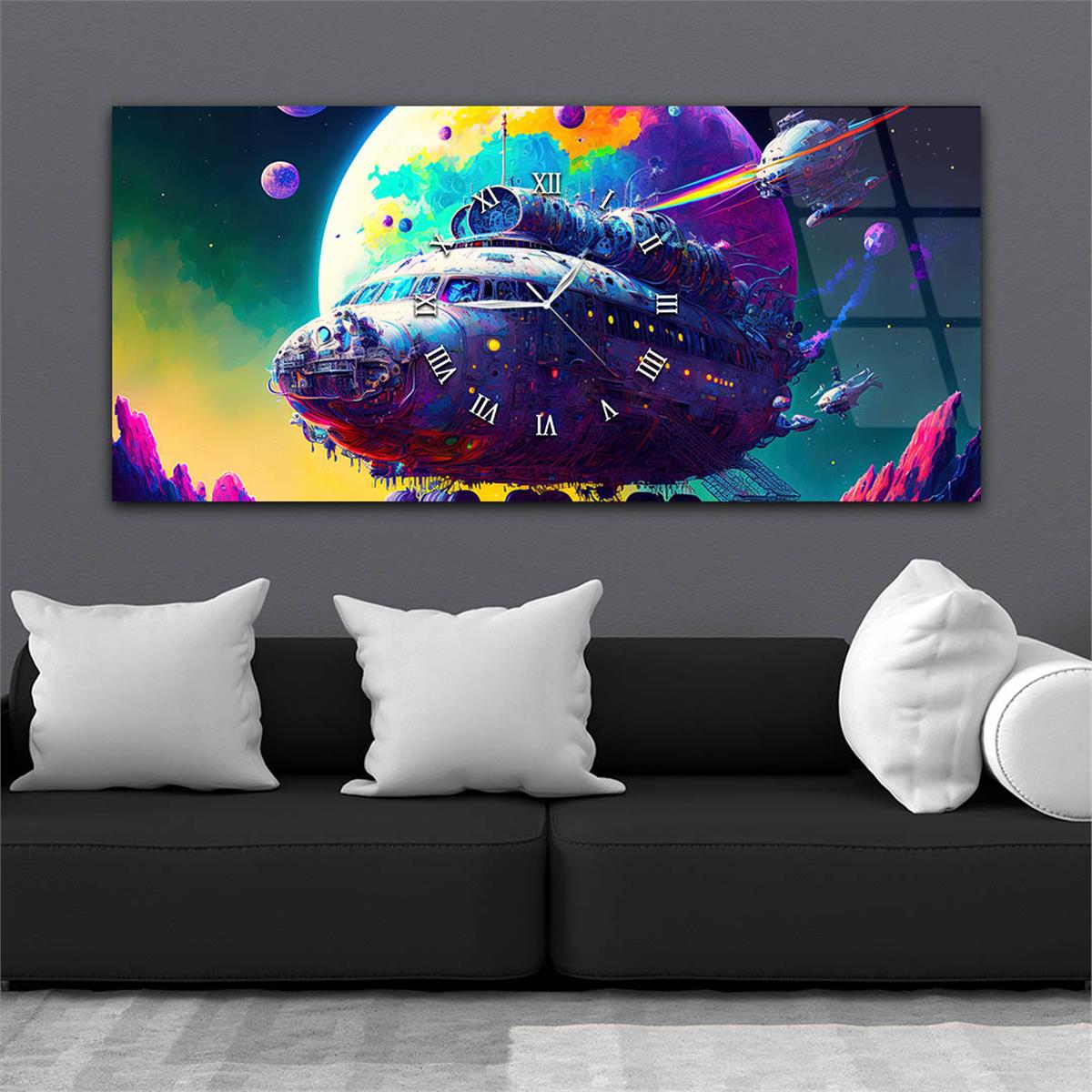 Yatay Ortadan Saatli  Sanat ve Doğa Temalı Cam Tablo 045