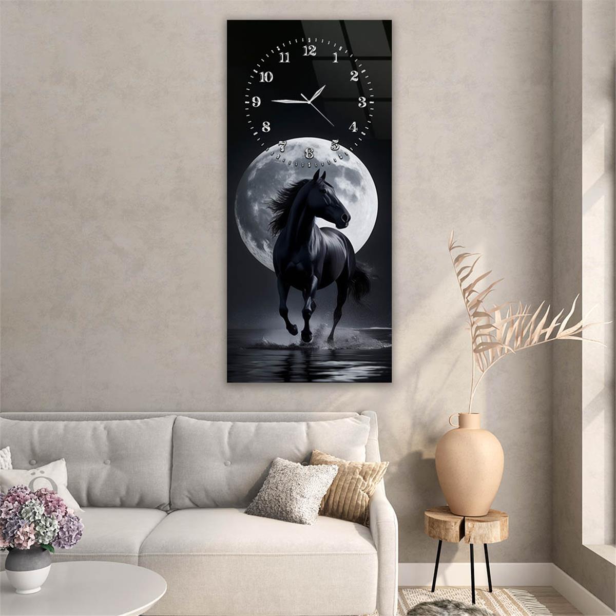 Dikey Üstten Saatli Sanat Temalı Cam Tablo 100