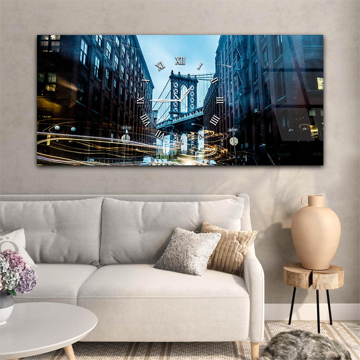 Yatay Ortadan Saatli  Sanat ve Doğa Temalı Cam Tablo 010