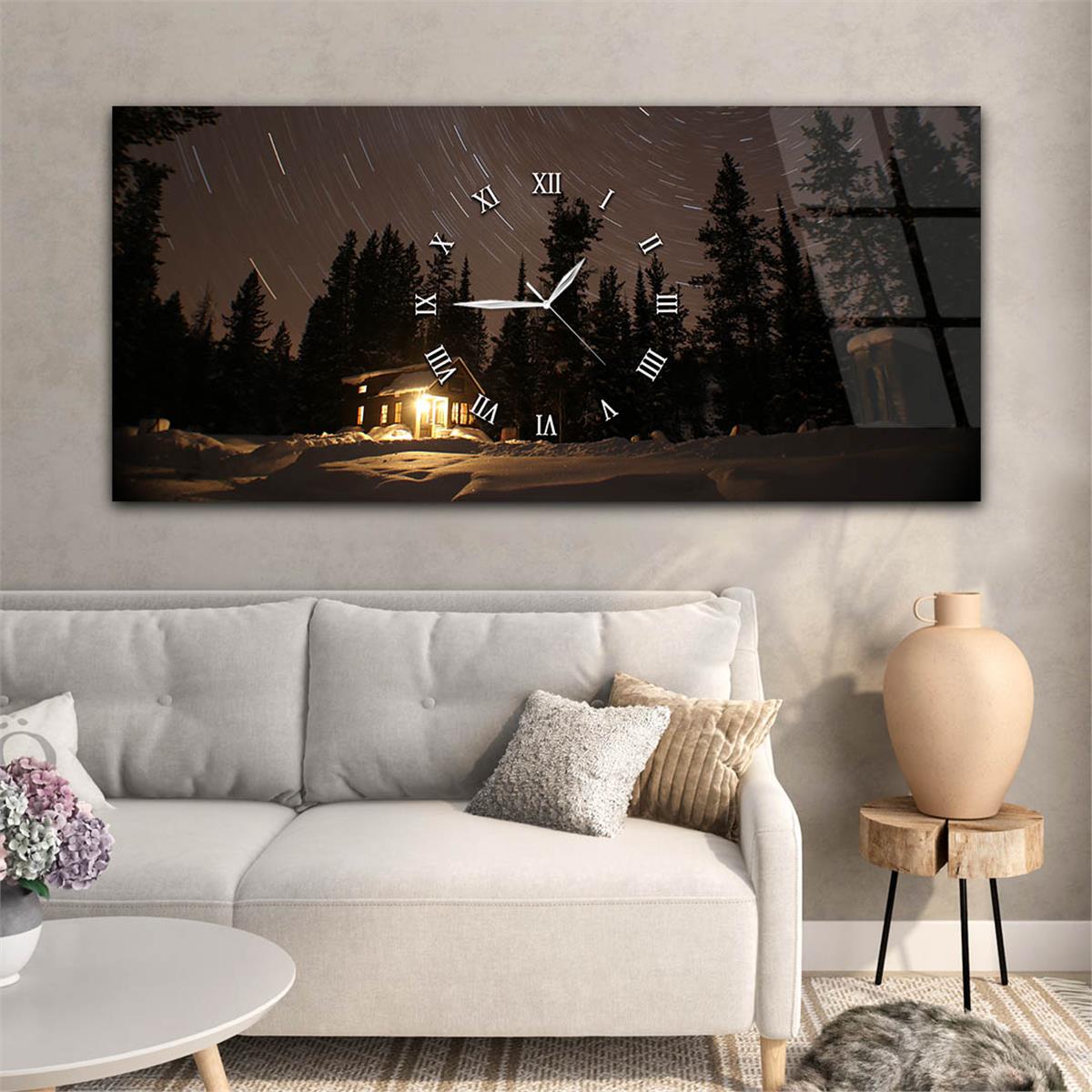 Yatay Ortadan Saatli  Sanat ve Doğa Temalı Cam Tablo 043