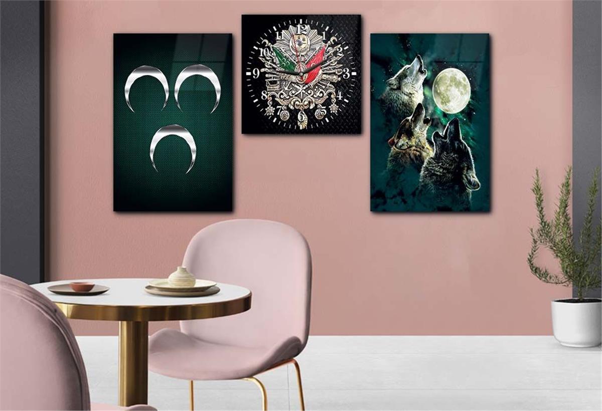 Ottoman State Coat of Arms and Three Crescent and Gray Wolf Tempered Glass Wall Art Set with Clock