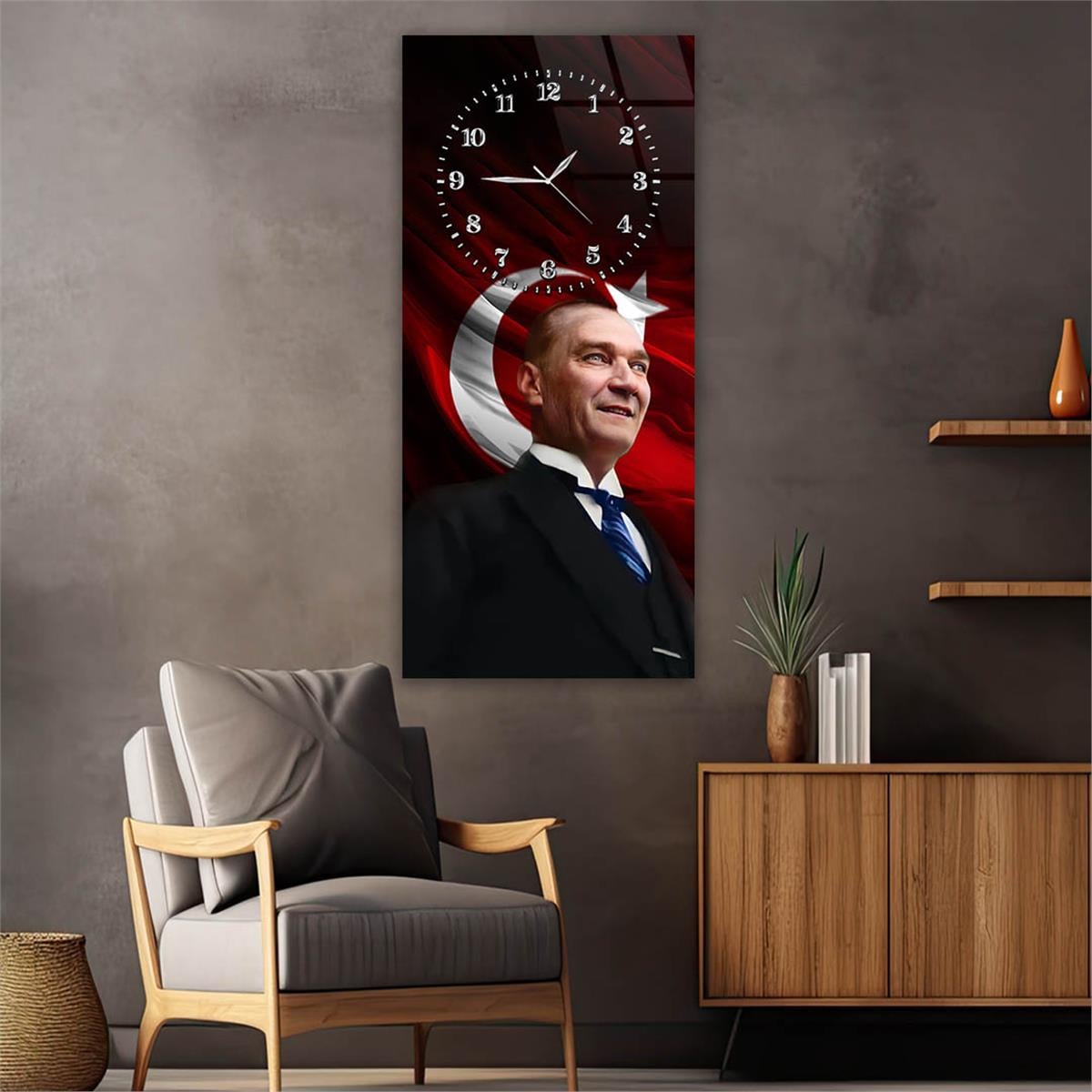 Dikey Üsten Saatli Vatan Temalı Cam Tablo 003