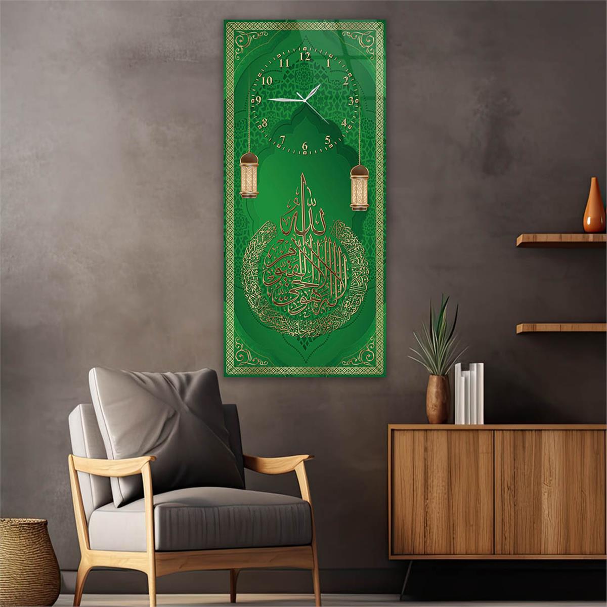 Vertical Religious Themed Glass Wall Art with Clock at the Top  049