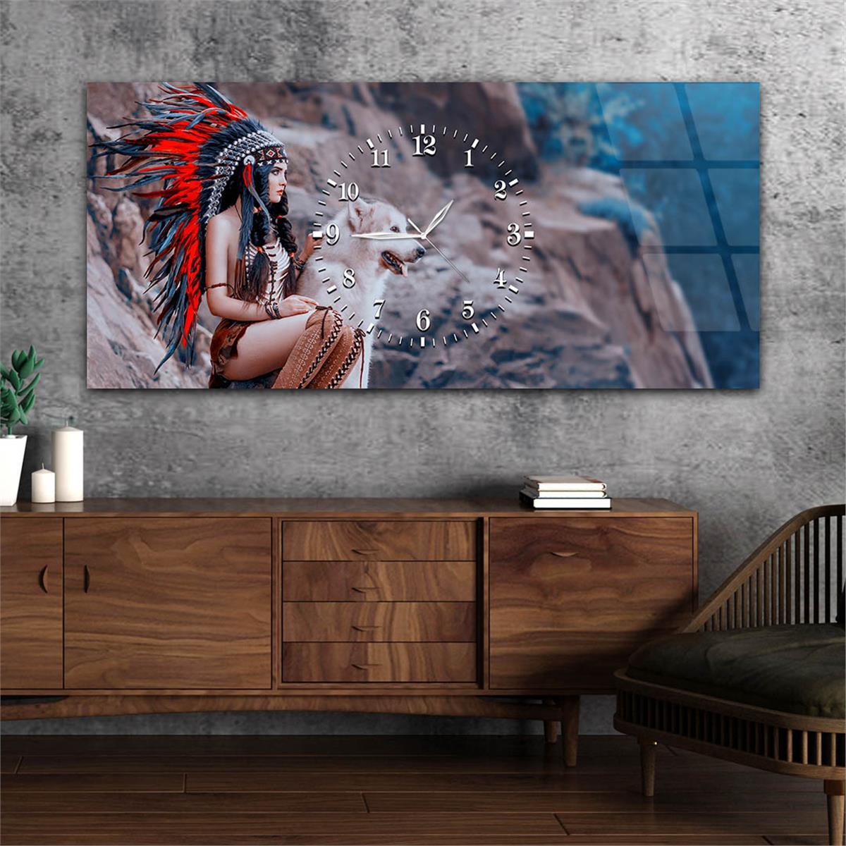 Yatay Ortadan Saatli  Sanat ve Doğa Temalı Cam Tablo 040