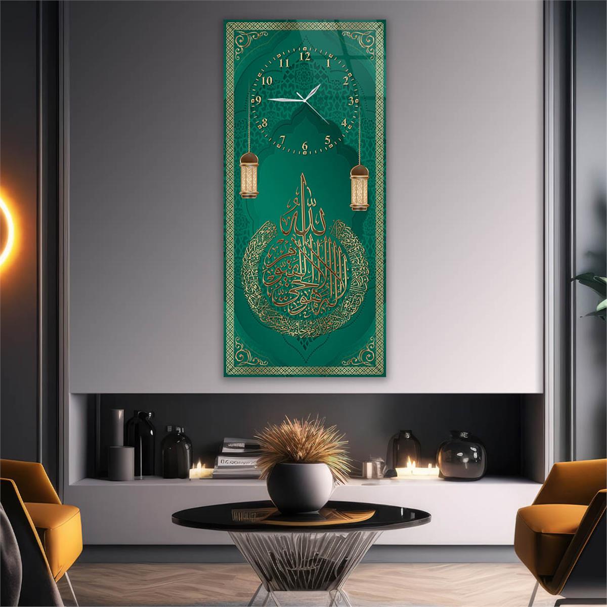 Vertical Religious Themed Glass Wall Art with Clock at the Top  050