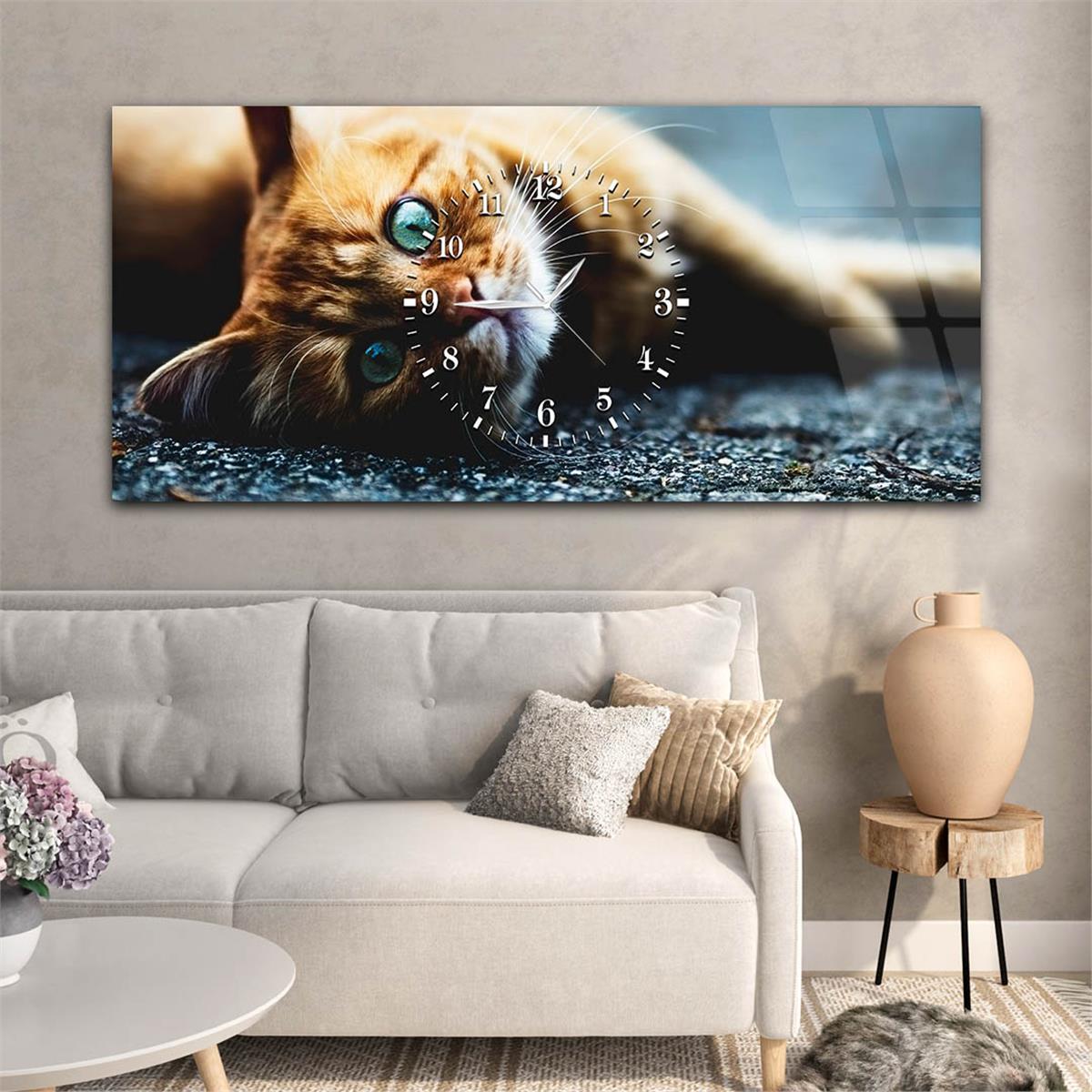 Yatay Ortadan Saatli  Sanat ve Doğa Temalı Cam Tablo 013