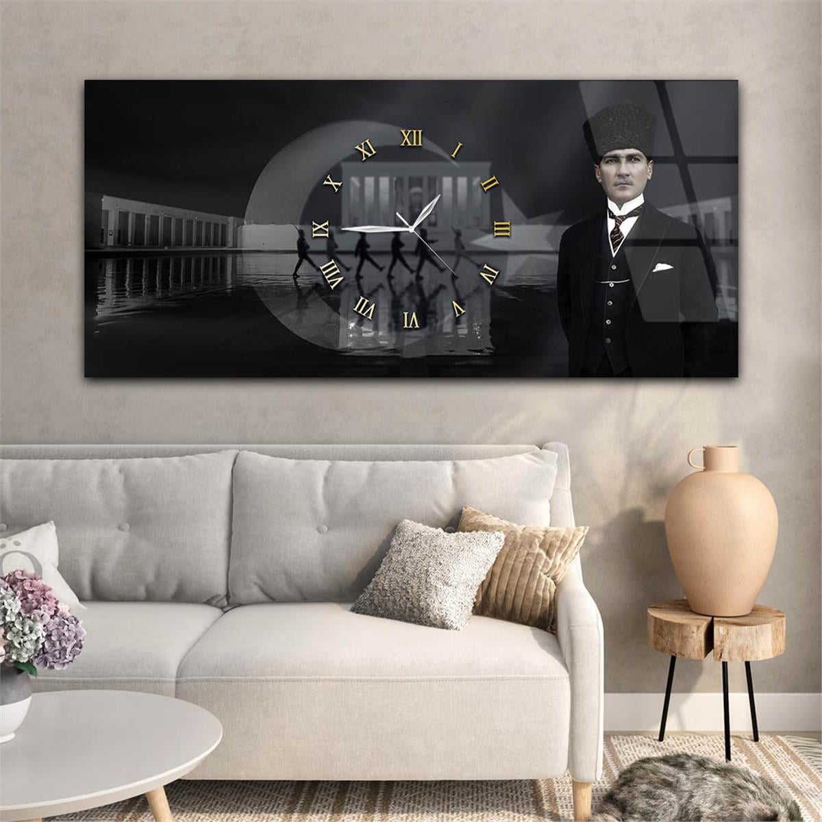 Yatay Saatli Ortadan Vatan Temalı Cam Tablo 153