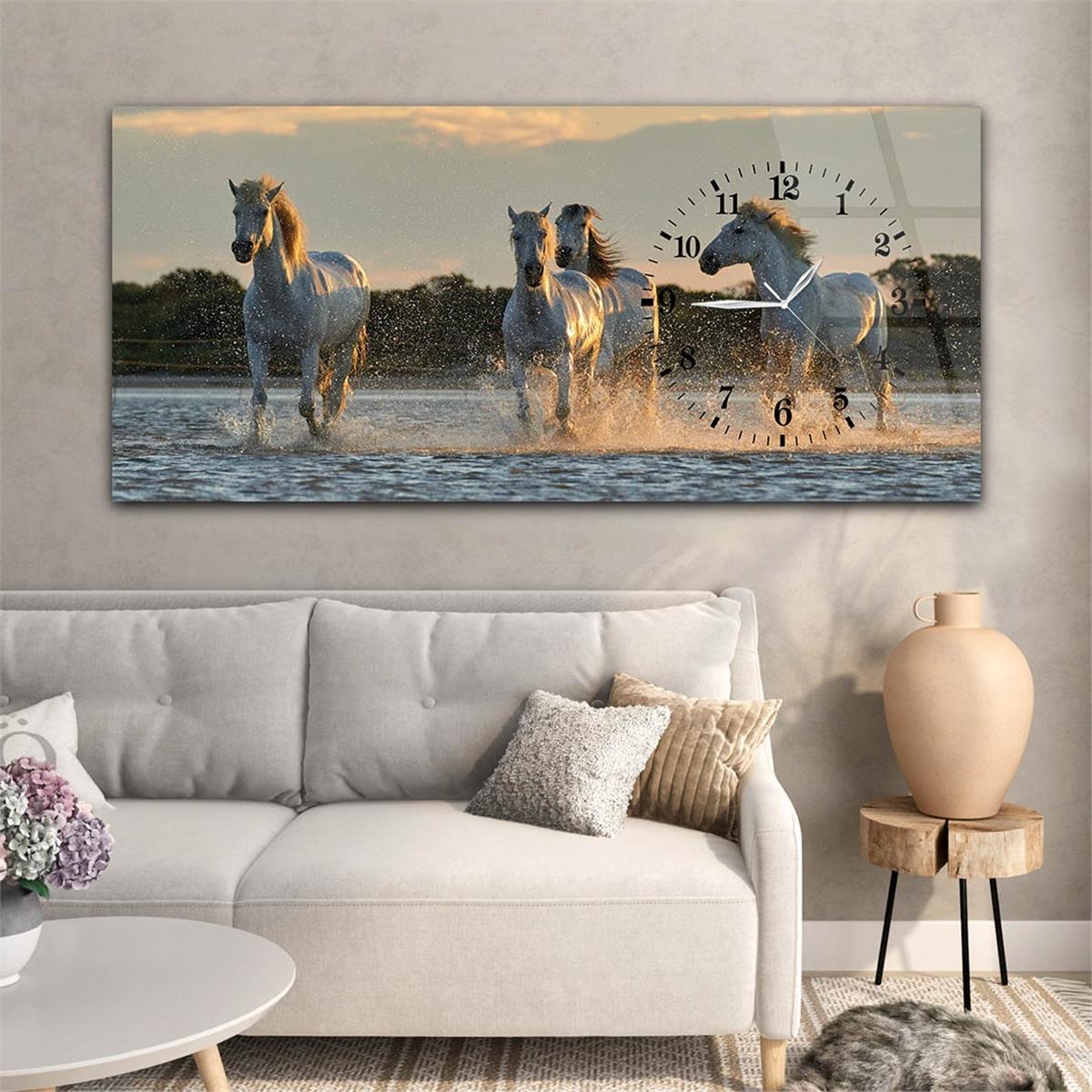 Yatay Saatli Yandan Sanat ve Doğa Temalı Cam Tablo 075