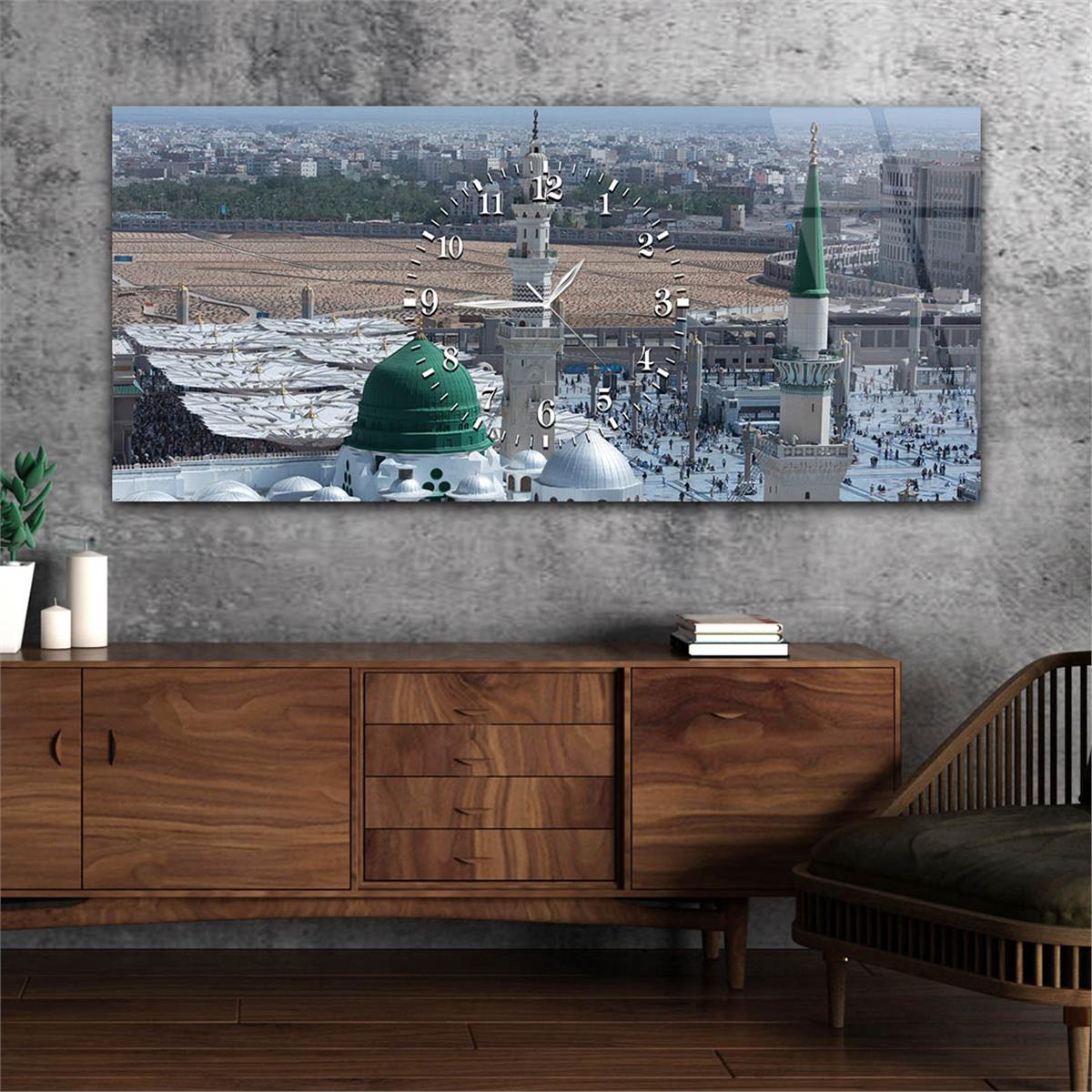 Yatay Ortadan Saatli  Dini Temalı Cam Tablo 054