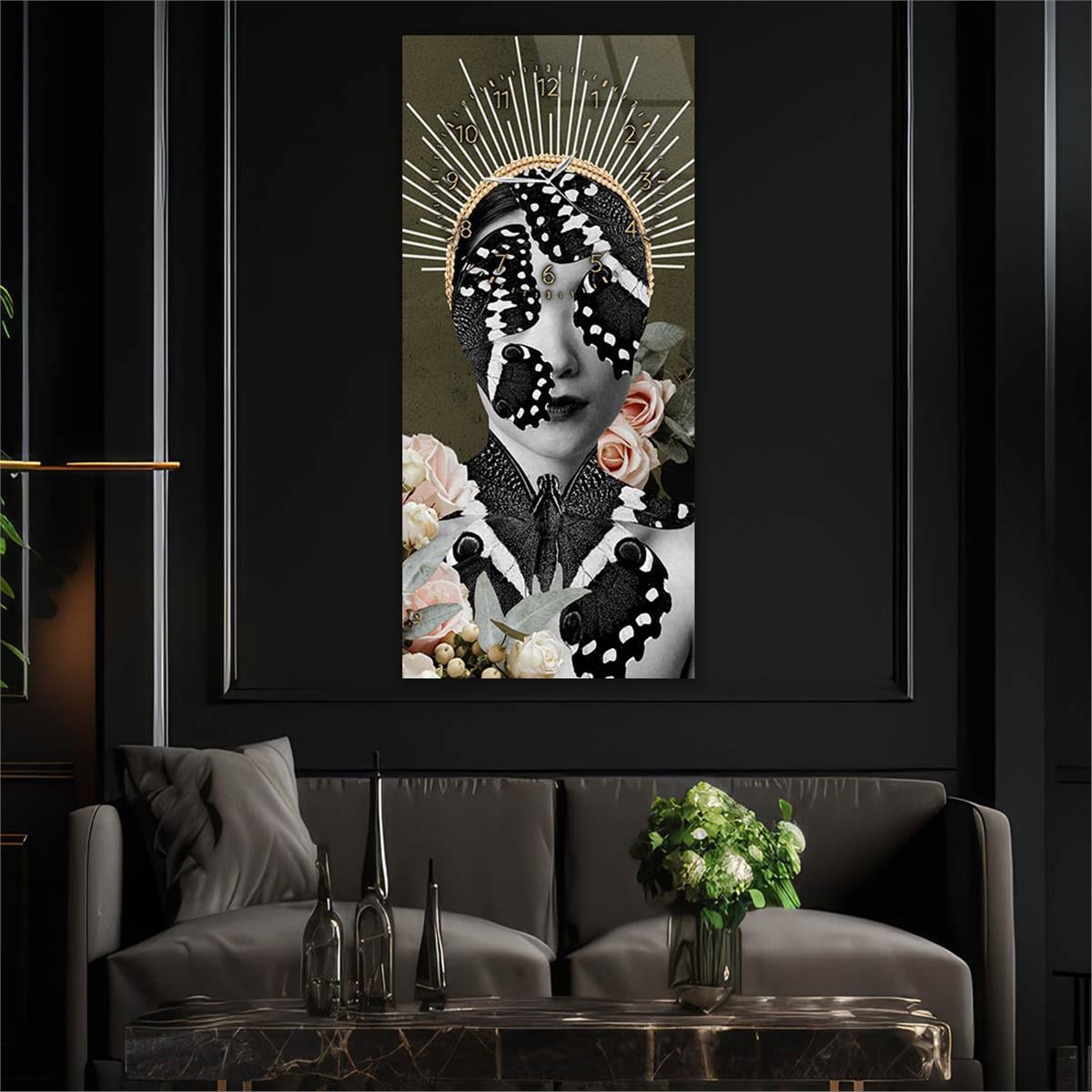 Verticale, Aan De Boven Kant Voorzien Van Een Klok, Kunst en Natuur Thema Gehard Glasschilderij 007