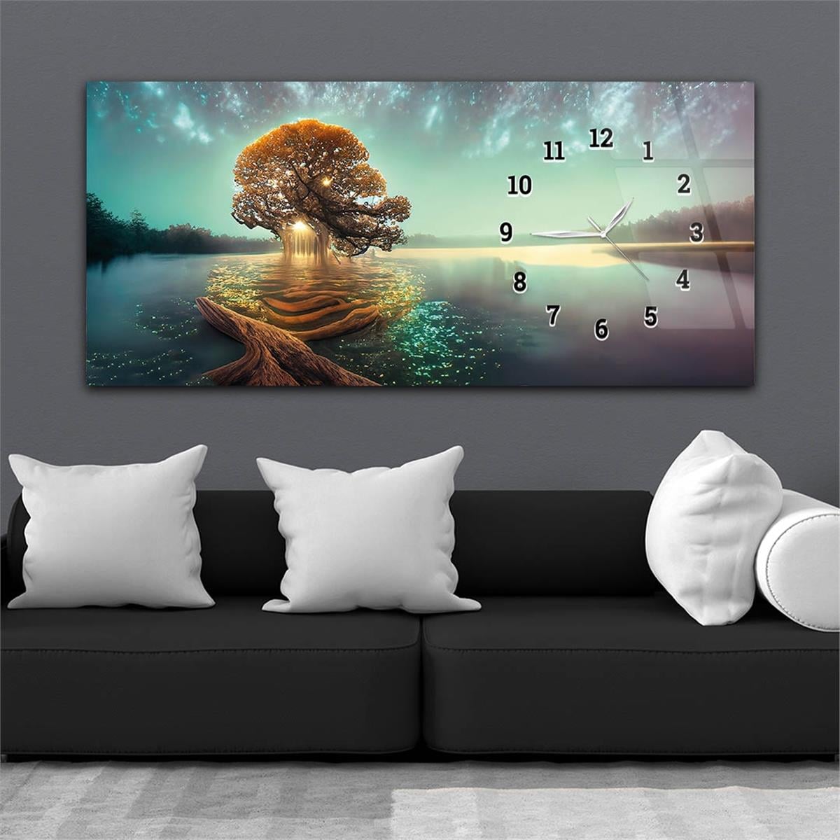 Yatay Saatli Yandan Sanat ve Doğa Temalı Cam Tablo 225