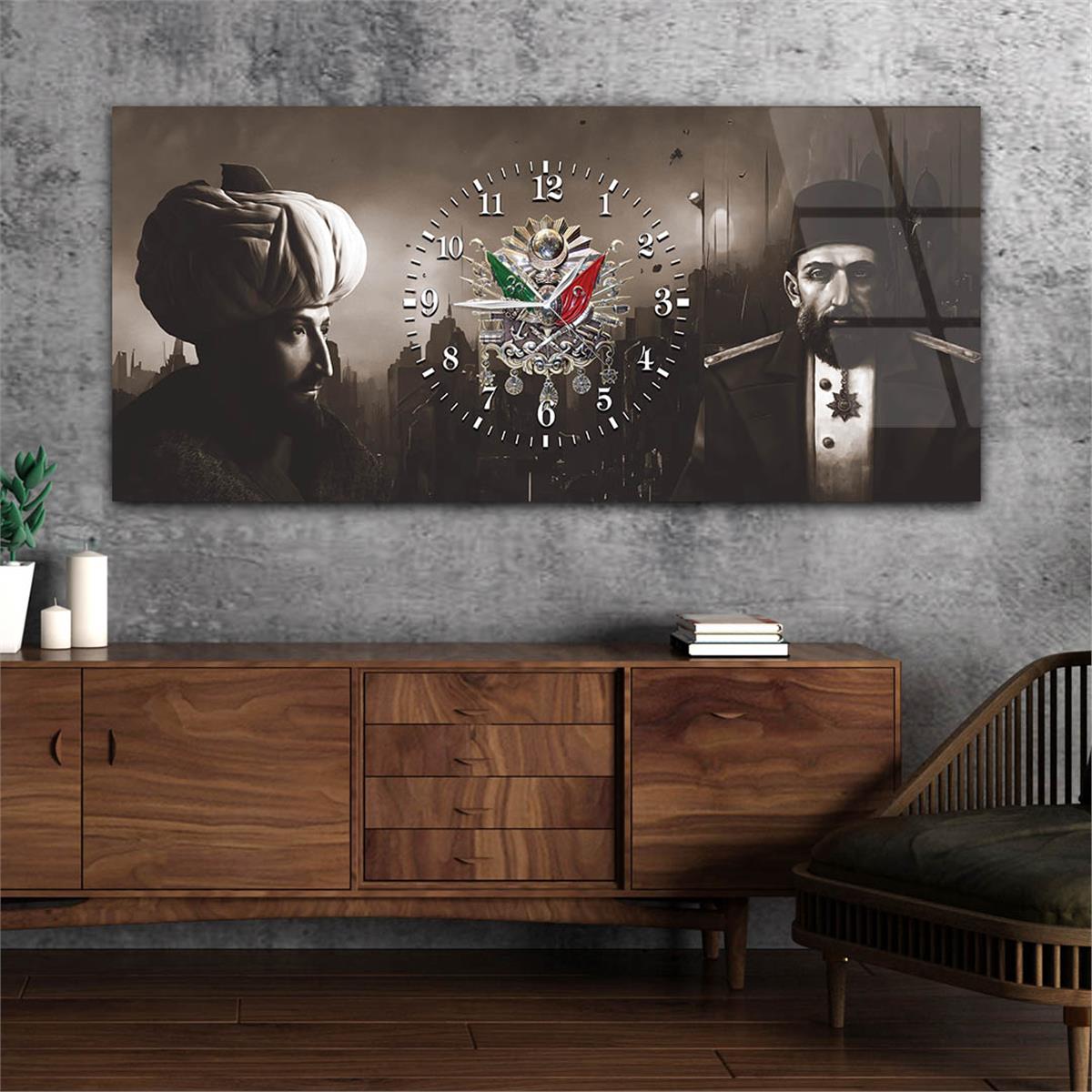 Abdulhamid Han , Fatih Sultan Mehmet Han ve Osmanlı Tuğralı Saatli Cam Tablo 075