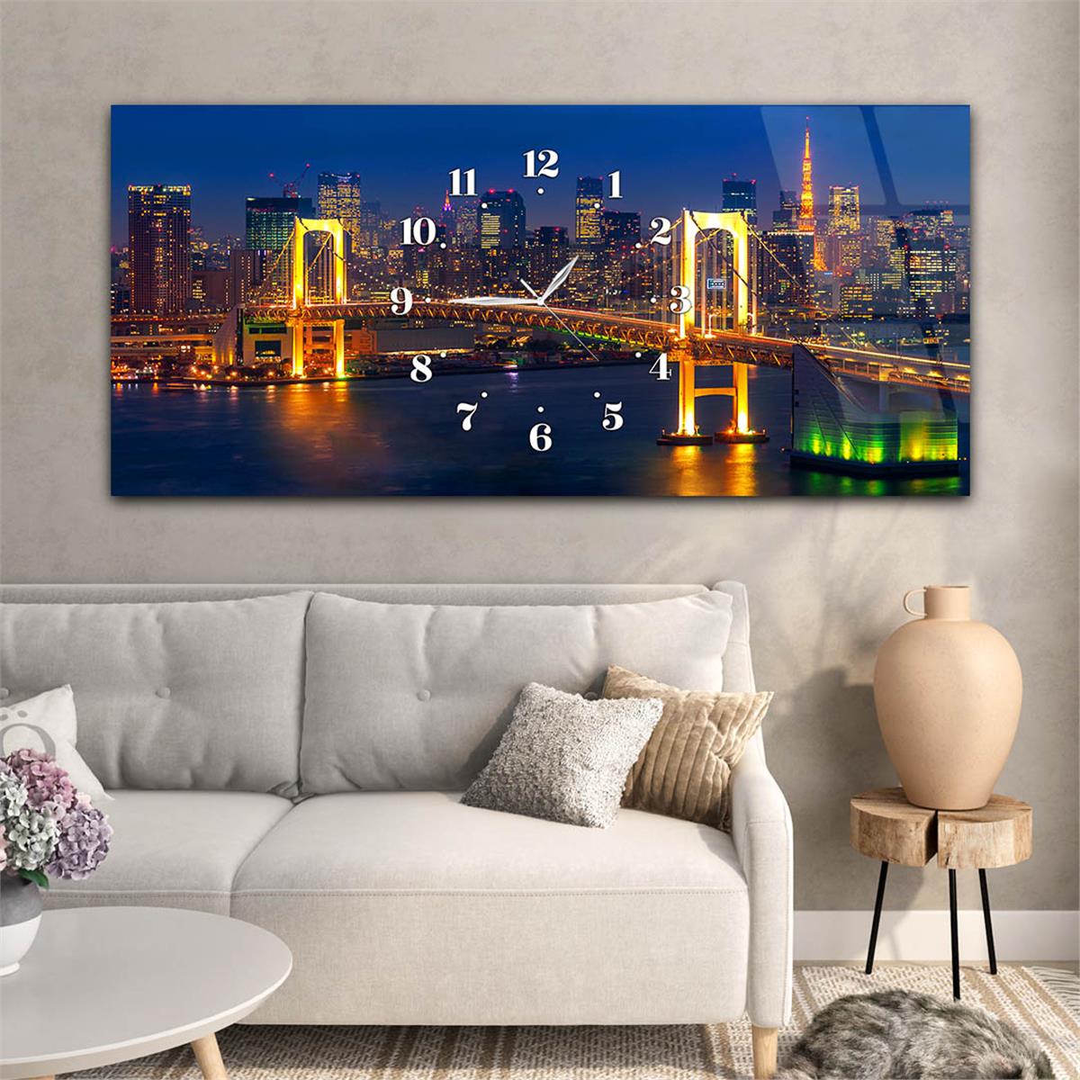 Yatay Saatli Ortadan Sanat Temalı Cam Tablo 140