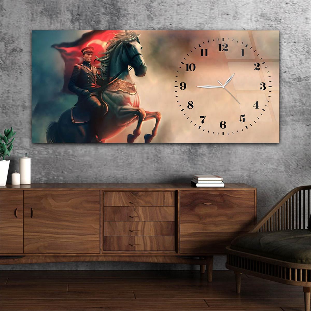 Yatay Saatli Yandan Vatan Temalı Cam Tablo 035