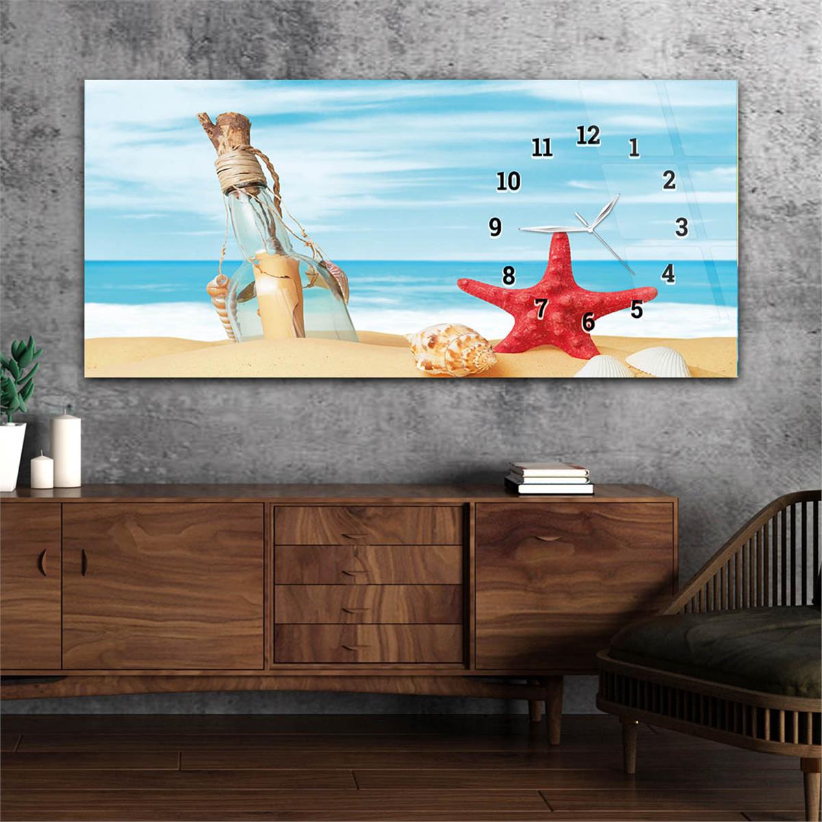 Beach Starfish Message in a Bottle and Seashell Horizontaal, Aan De Zijkant Voorzien Van Een Klok, Kunst en Natuur Thema Gehard Glasschilderij 236