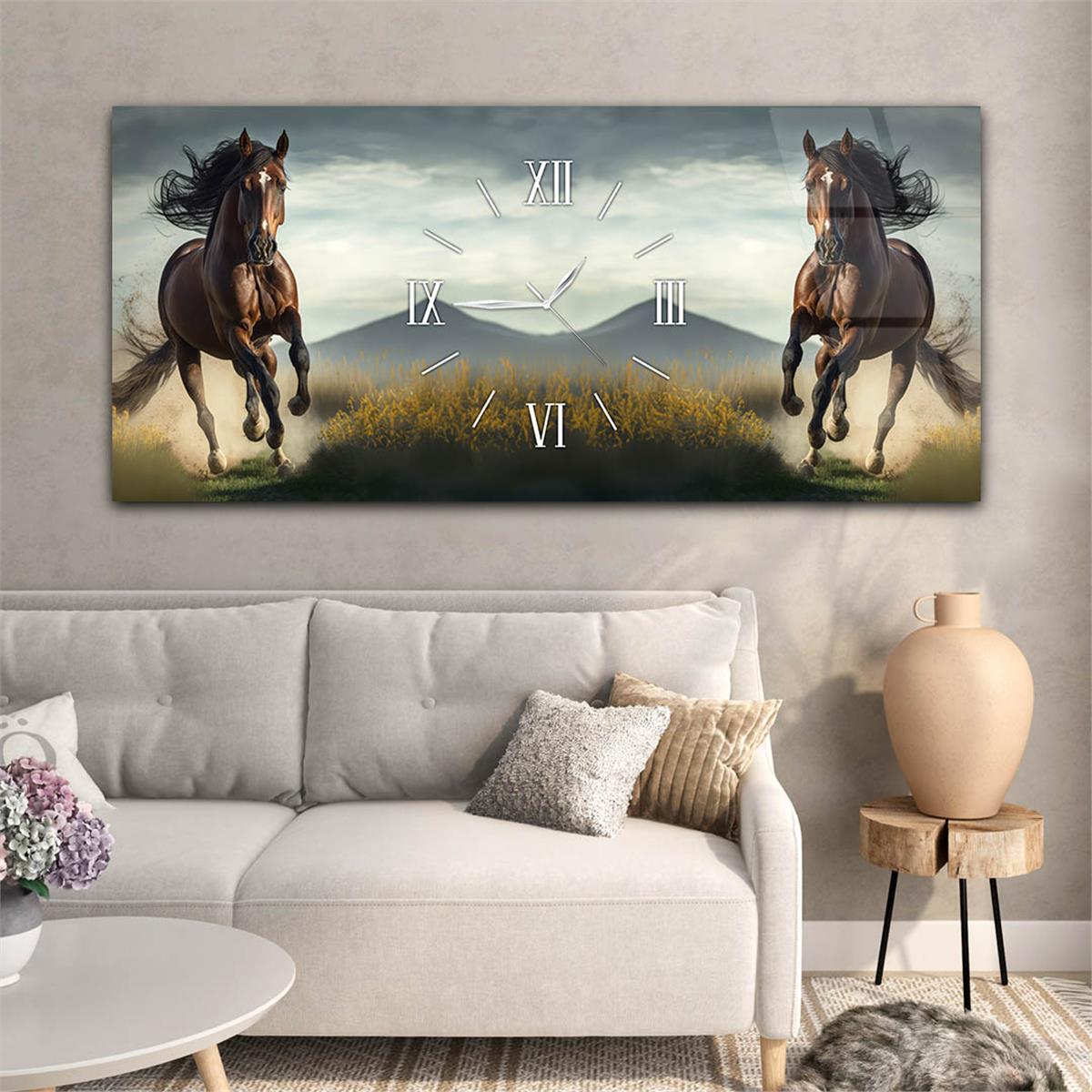 Yatay Ortadan Saatli  Sanat ve Doğa Temalı Cam Tablo 056