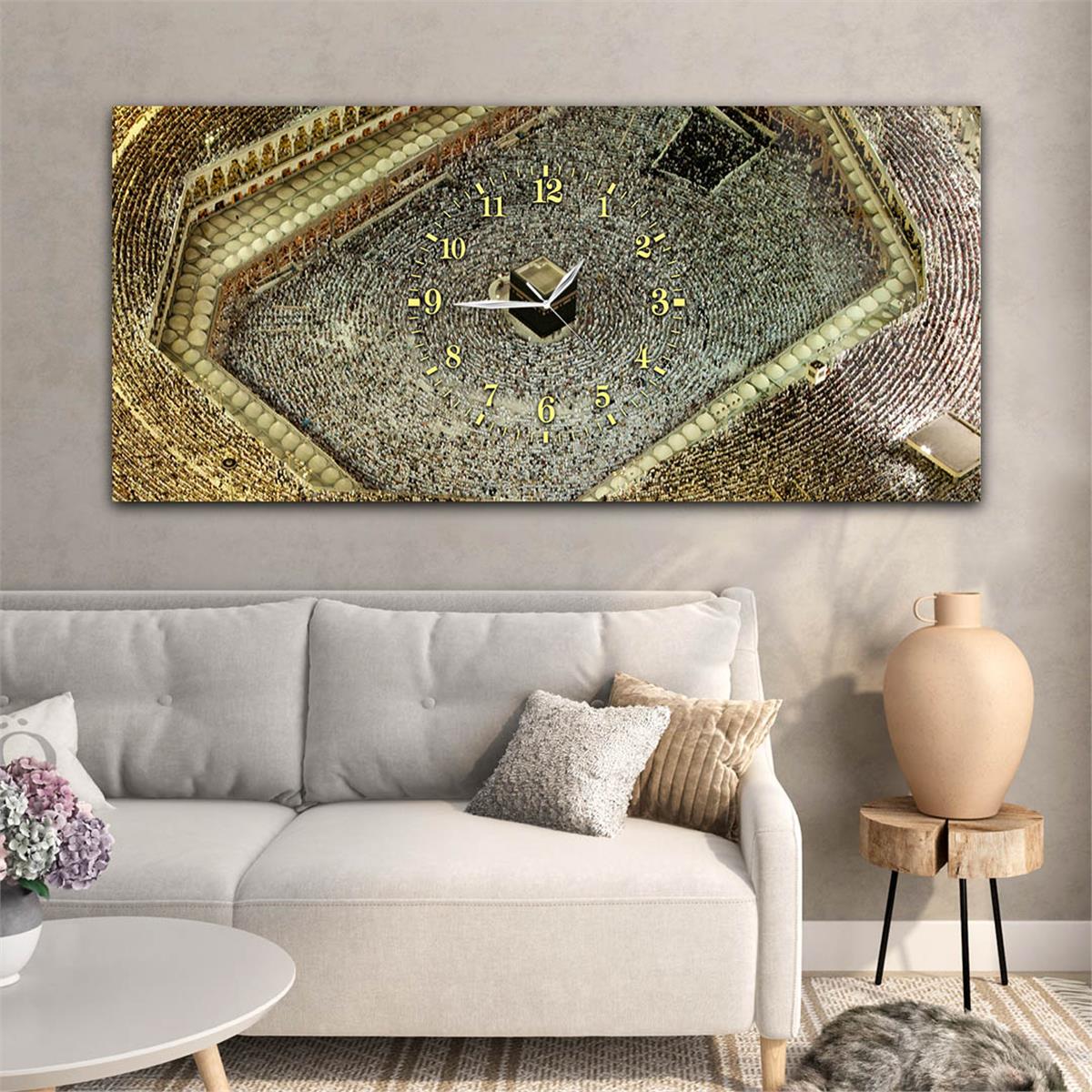 Yatay Ortadan Saatli  Dini Temalı Cam Tablo 110