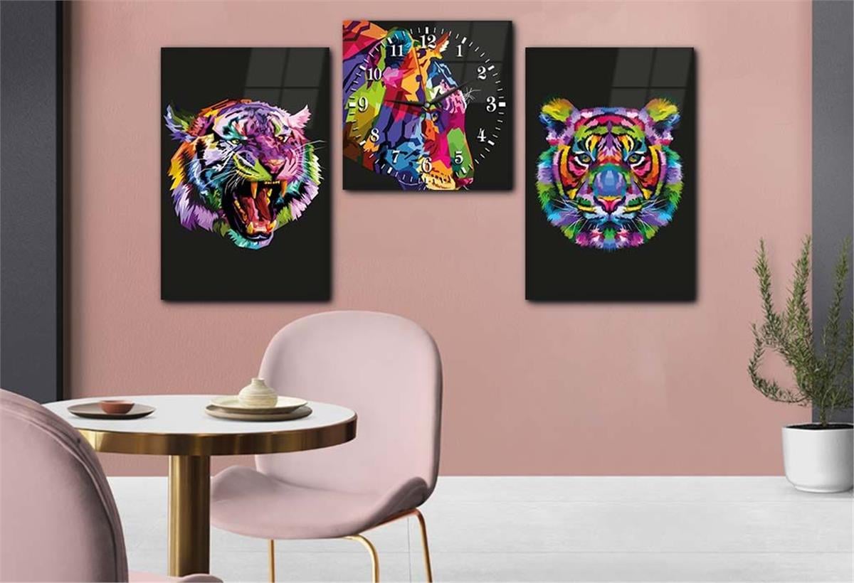 Tiger Tempered Glass Wall Art Set with Clock