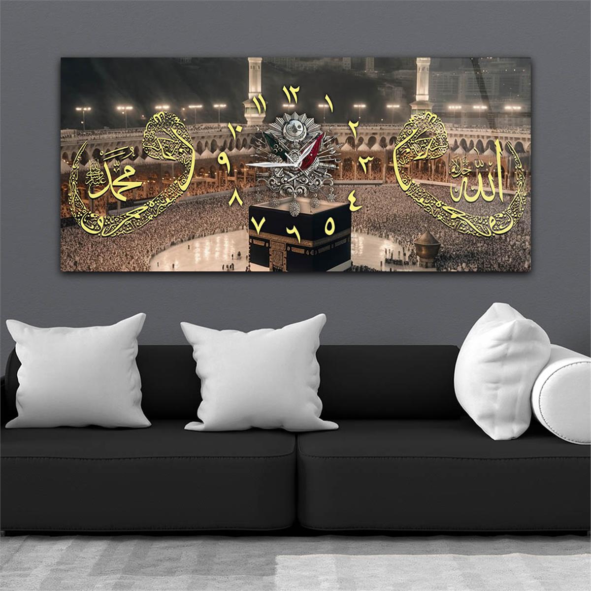 Yatay Ortadan Saatli  Dini Temalı Cam Tablo 101