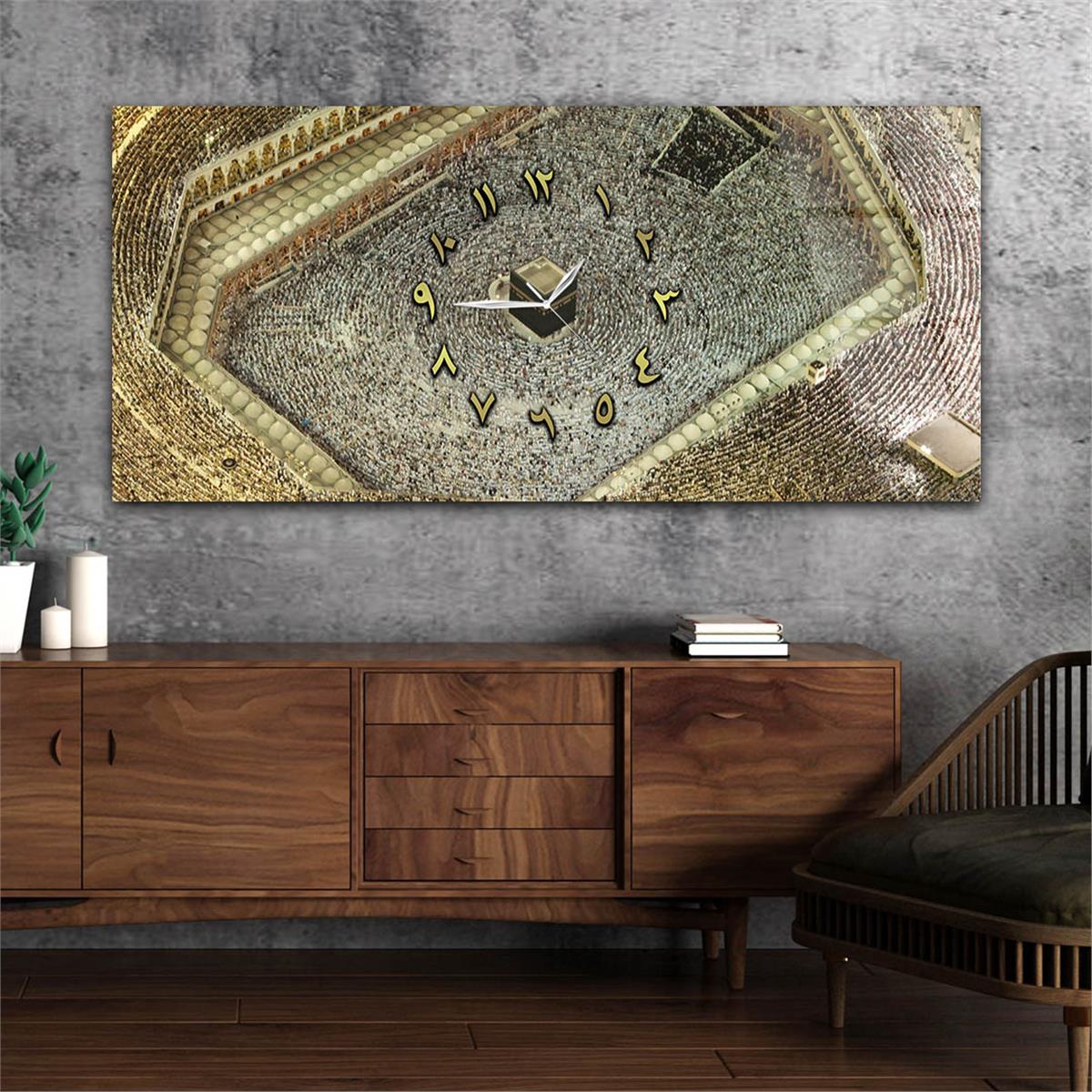 Yatay Ortadan Saatli  Dini Temalı Cam Tablo 109