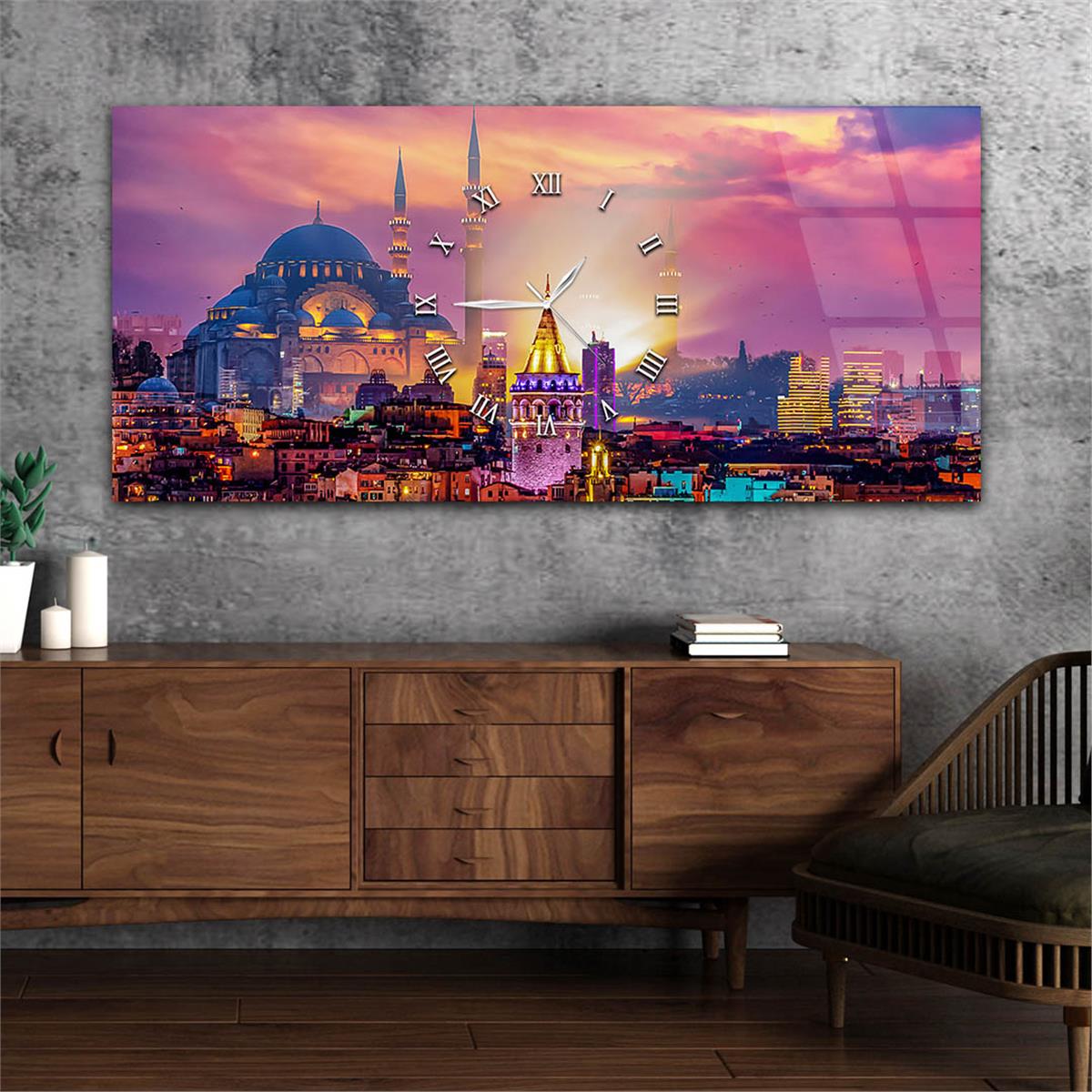 Yatay Ortadan Saatli  Sanat ve Doğa Temalı Cam Tablo 021