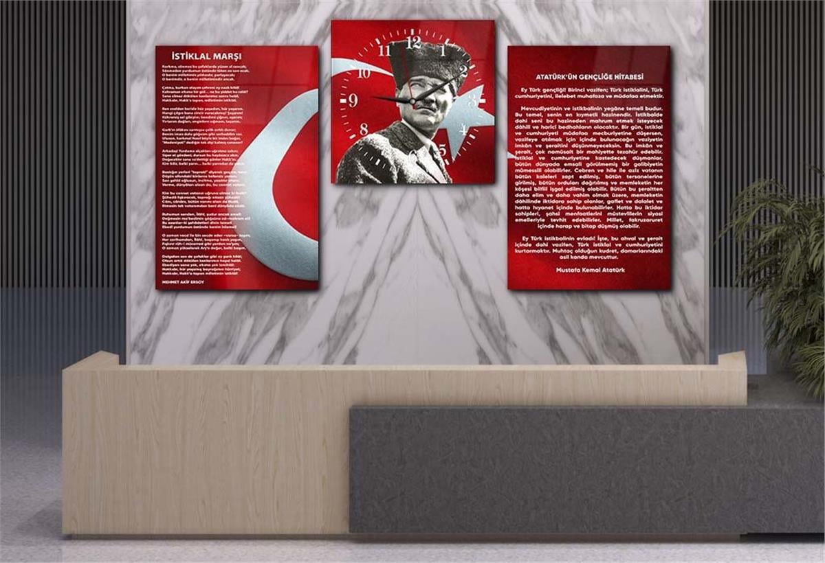 Atatürk, Independence March, and Youth Address Glass Wall Art Set with Clock