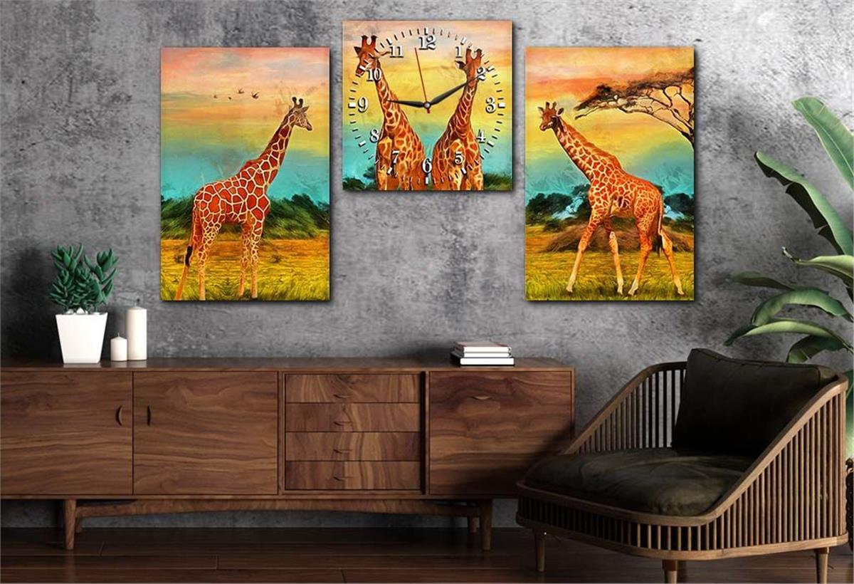 Giraffe Tempered Glass Wall Art Set with Clock