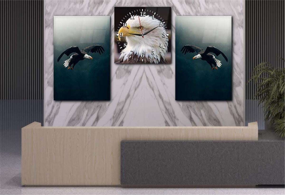 Eagle Tempered Glass Wall Art Set with Clock