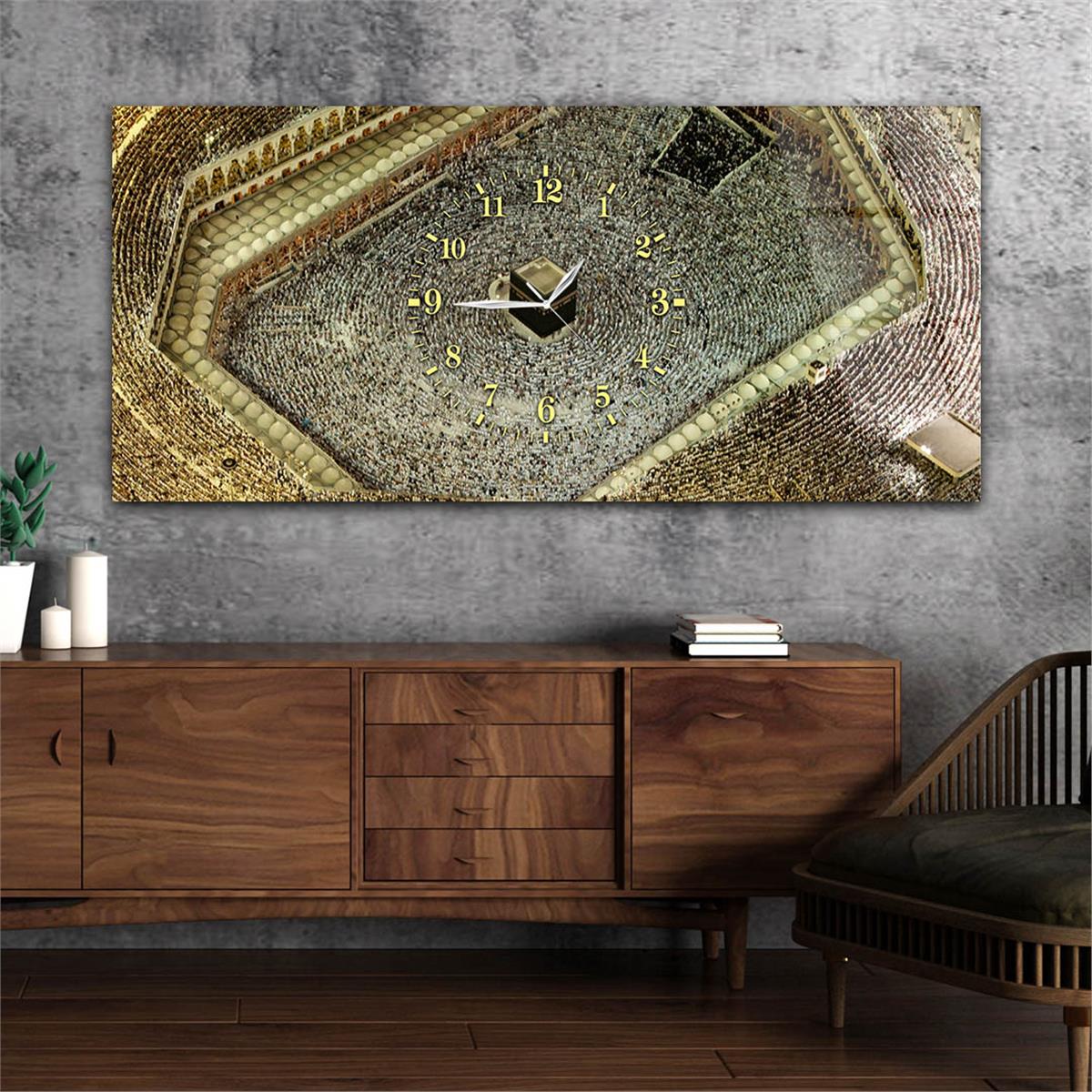 Yatay Ortadan Saatli  Dini Temalı Cam Tablo 110