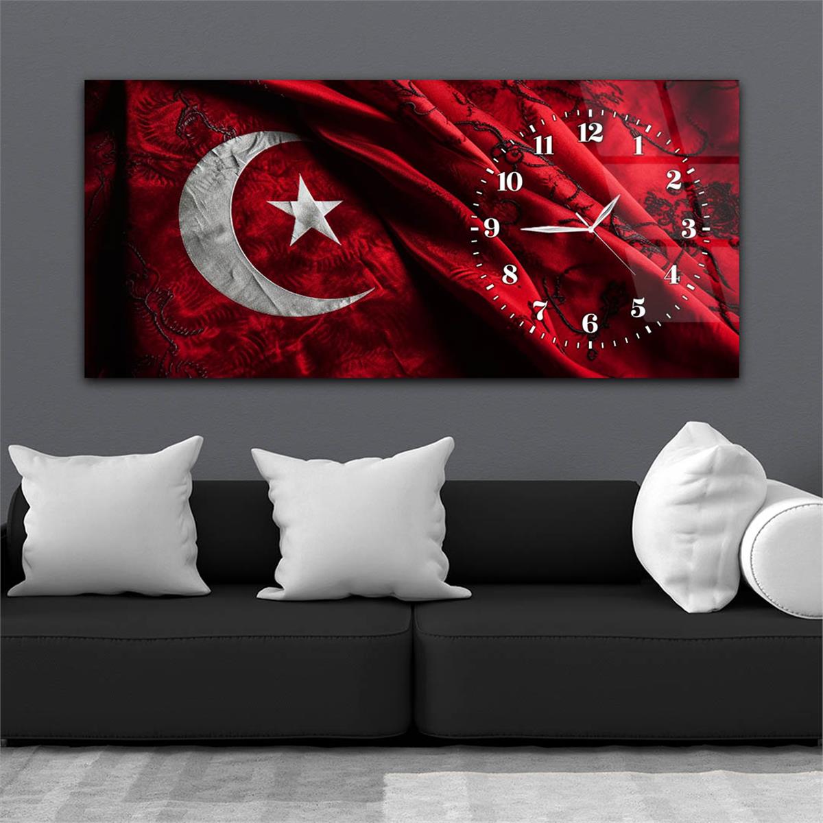 Yatay Saatli Yandan Vatan Temalı Cam Tablo 029