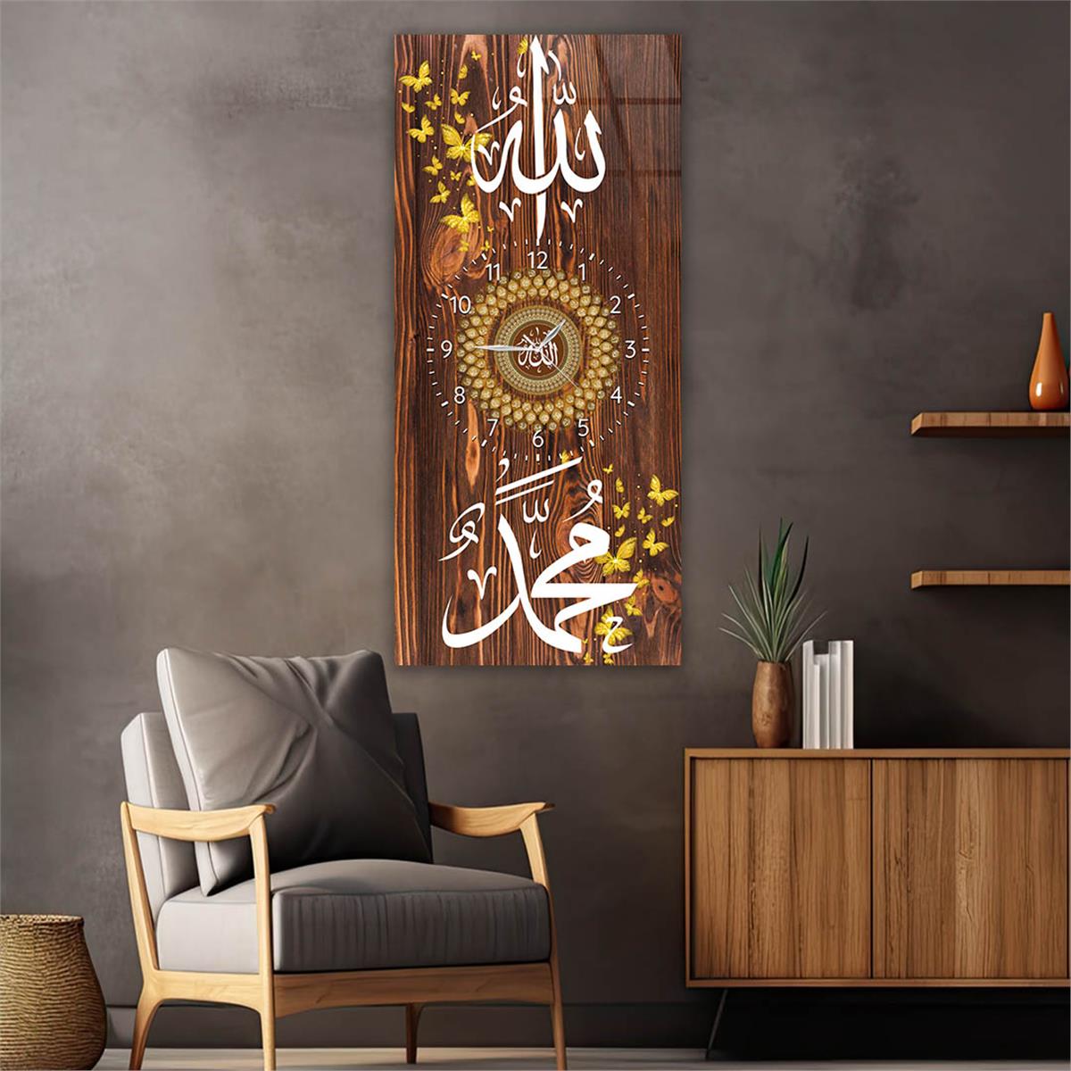 Vertical Religious Themed Glass Wall Art with Clock at the Center 018
