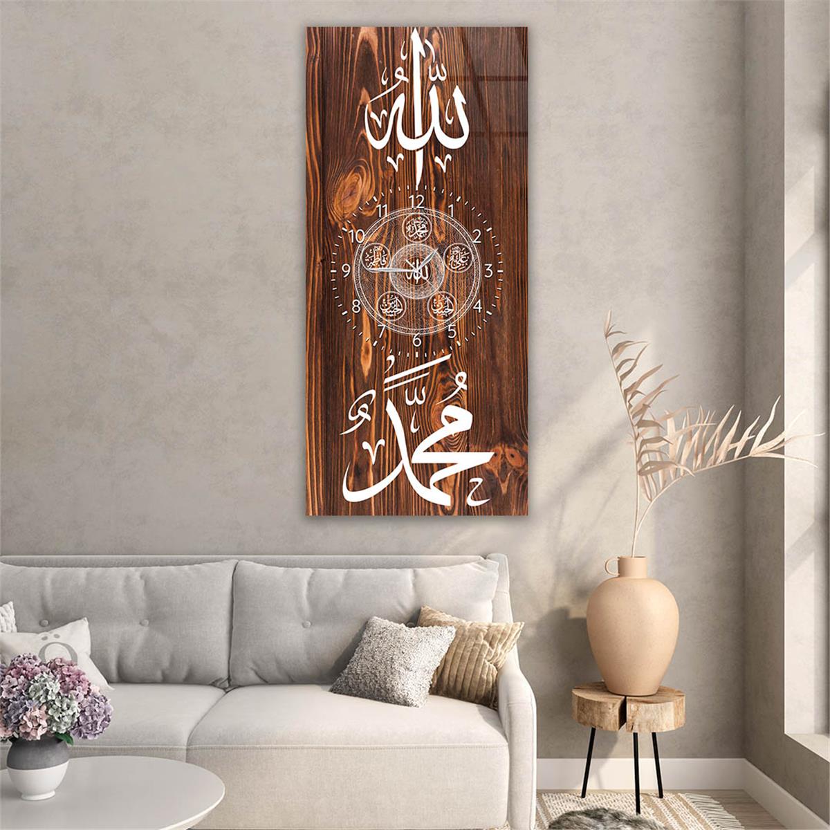 Vertical Religious Themed Glass Wall Art with Clock at the Center 019