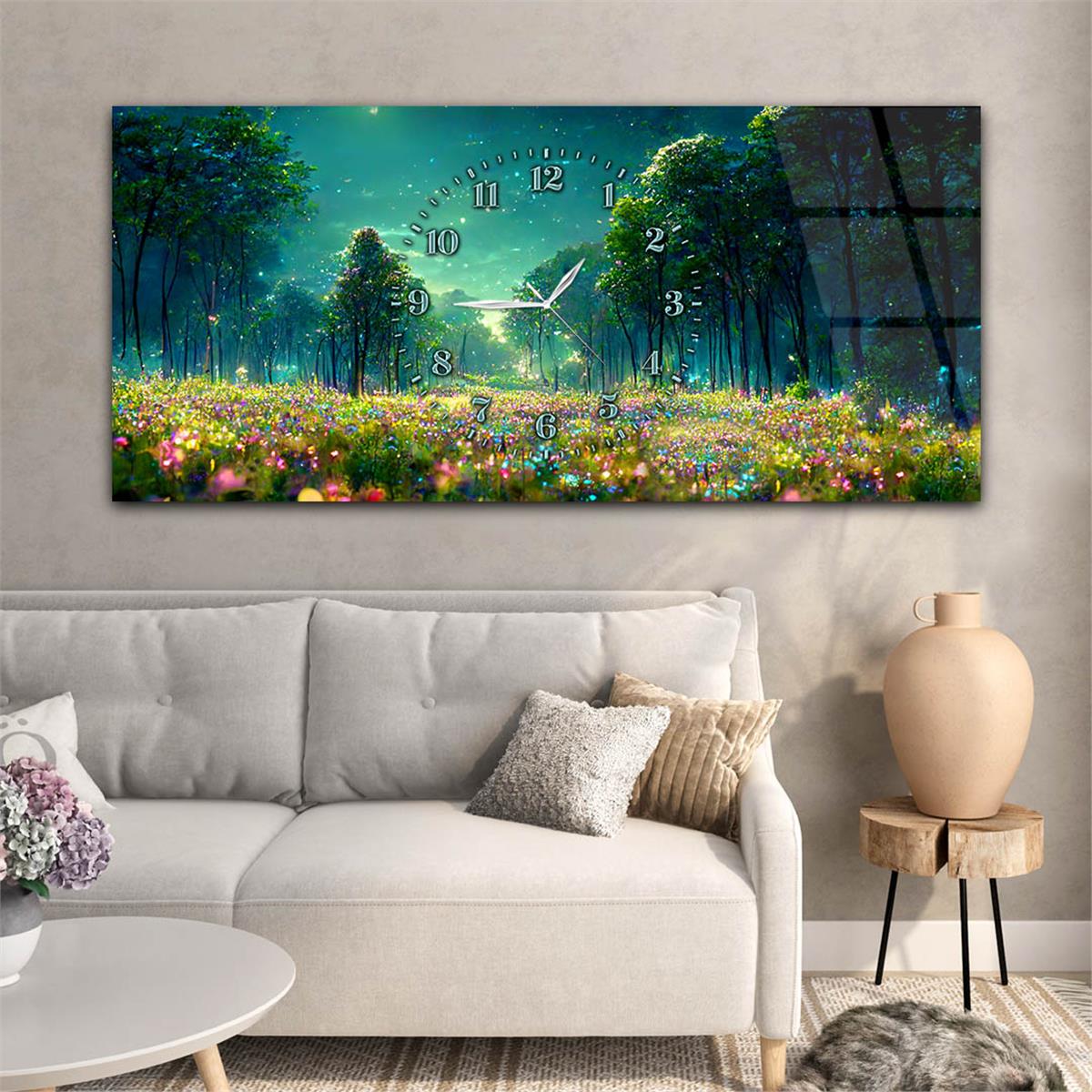 Yatay Saatli Ortadan Sanat Temalı Cam Tablo123