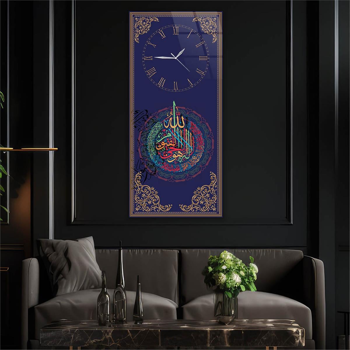 Dikey Üstten Saatli Dini Temalı Cam Tablo 034