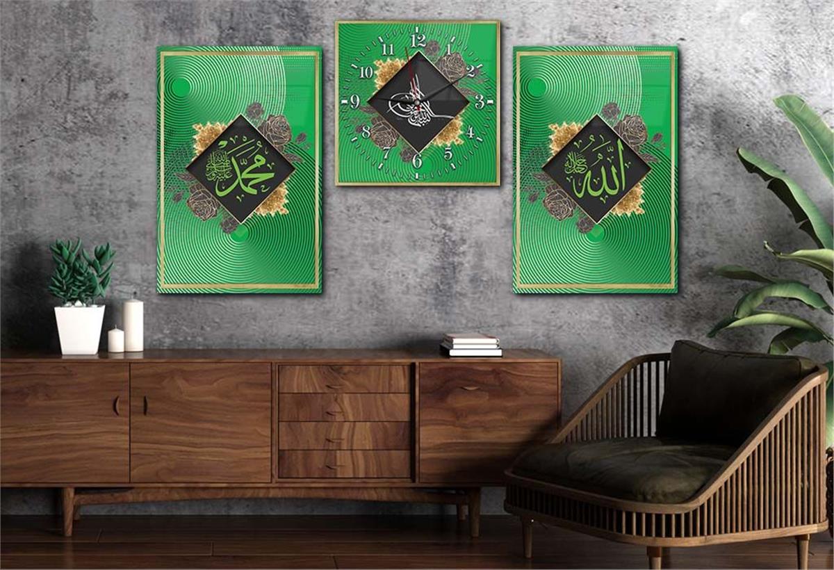 ALLAH C.C. MUHAMMED S.A.V İSMİ VE OSMALI TUĞRA GÖRSELLİ CAM TABLO CAM DUVAR SAATİ 