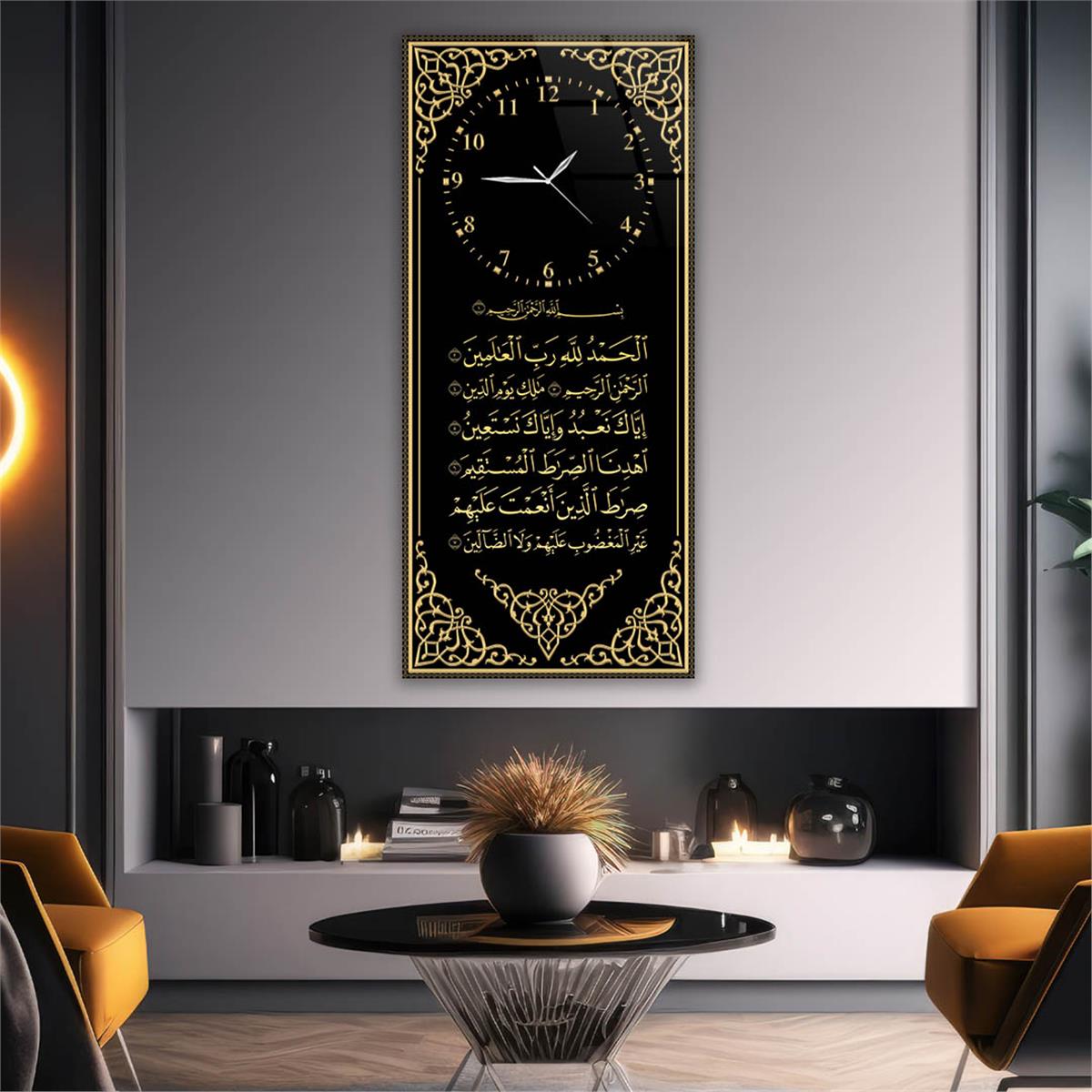 Dikey Üstten Saatli Dini Temalı Cam Tablo 024