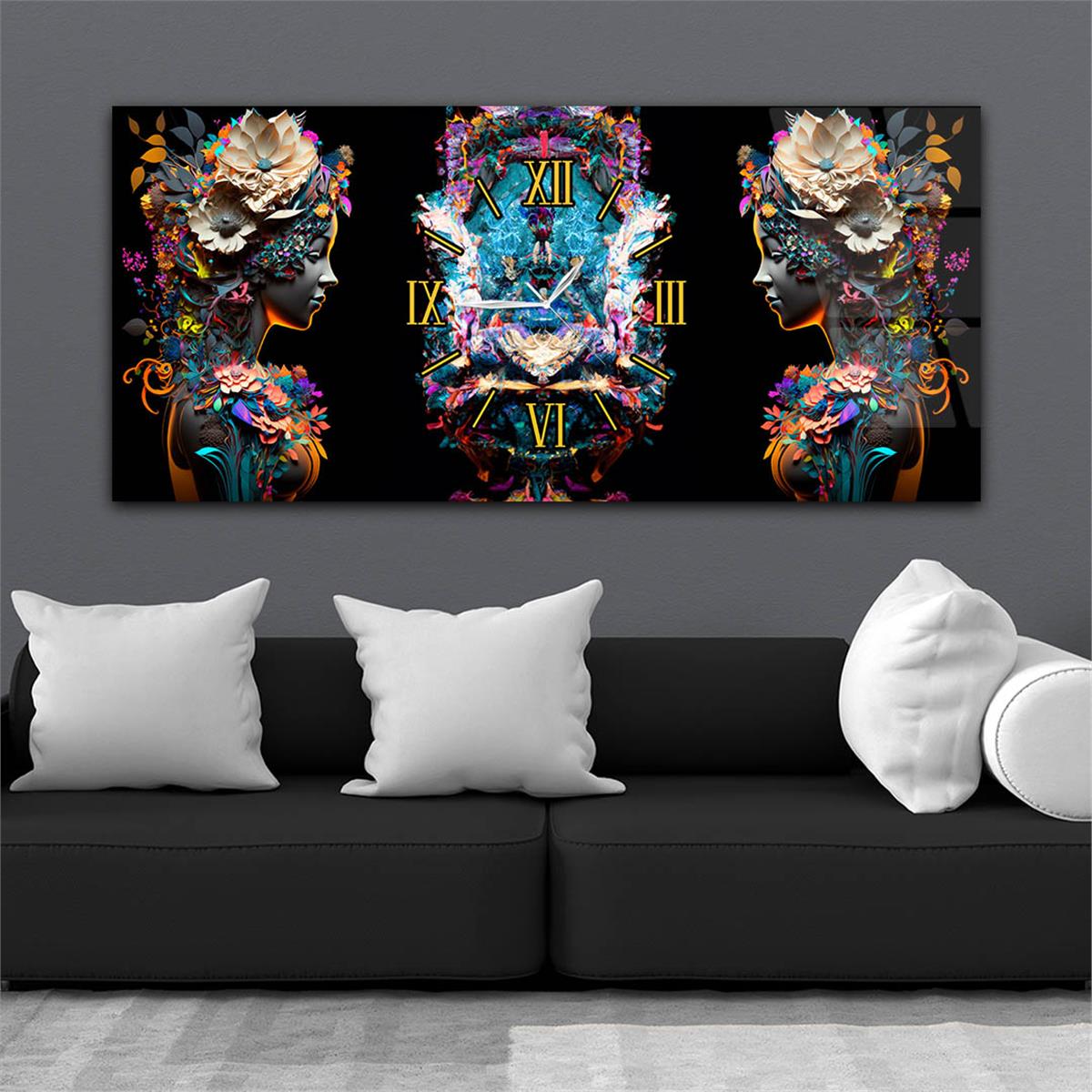 Horizontaal, in Het Midden Voorzien Van Een Klok, Kunst En Natuur Thema Gehard Glasschilderij 065