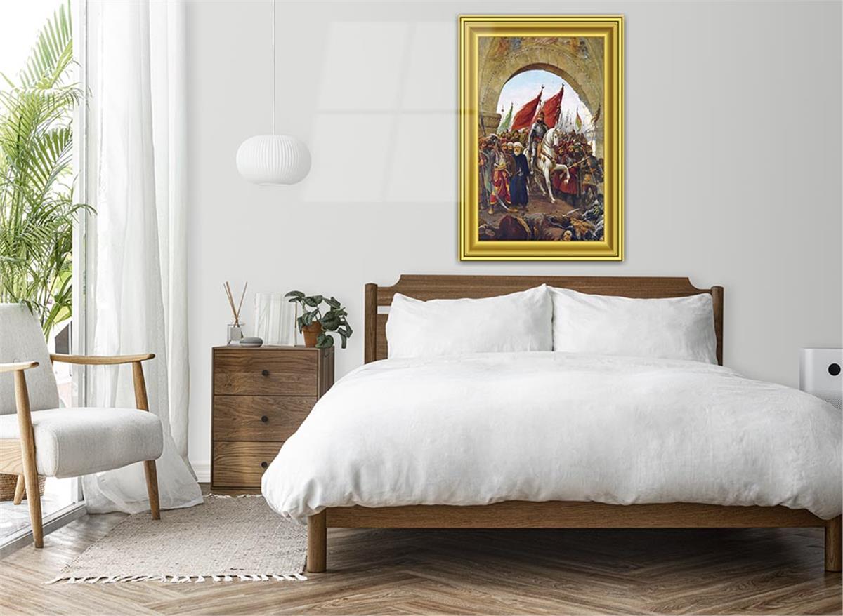 Glass Wall Art Depicting the Entry of Fatih Sultan Mehmet Han into Istanbul with Frame Visual
