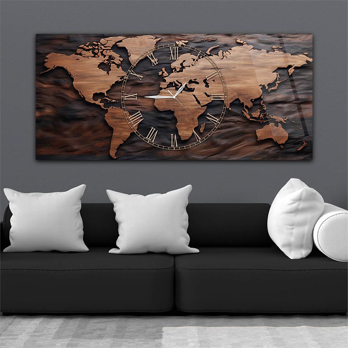 Yatay Saatli Ortadan Vatan Temalı Cam Tablo 119