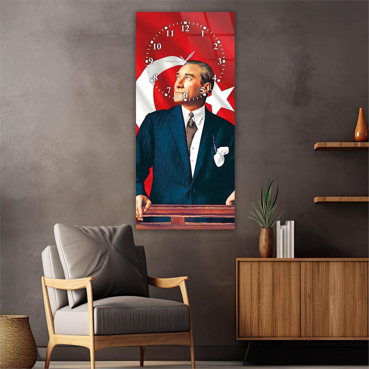 Vertical National Themed Glass Wall Art with Clock at the Top 004